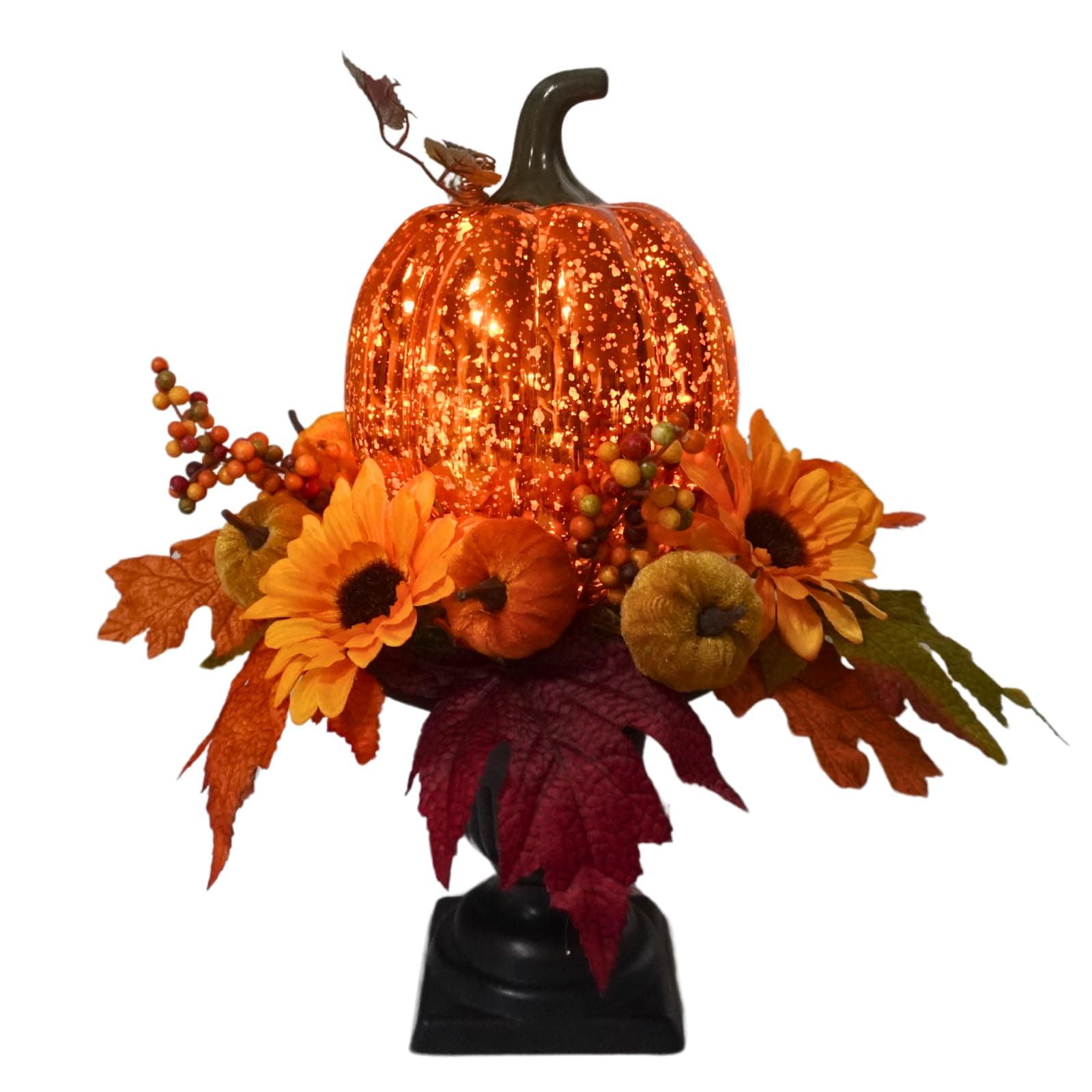 Svndlyn 15 Inch Lighted Pumpkin Fall Table Decoration Indoor Outdoor Table Centerpieces,Artificial Pumpkin with Maple Leaves Berries and LED Lights for Fall Table Centerpieces Thanksgiving Decor