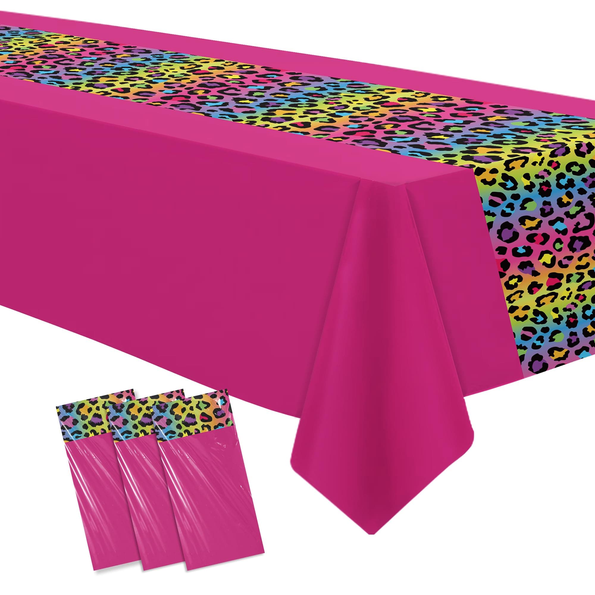 Owelleny Pink Leopard Party Decorations Tablecloth, 3Pcs Disposable Pink Cheetah Print Birthday Party Table Cover Supplies, Iridescent Rainbow Leopard Birthday Table Cloth, 55in x 86in