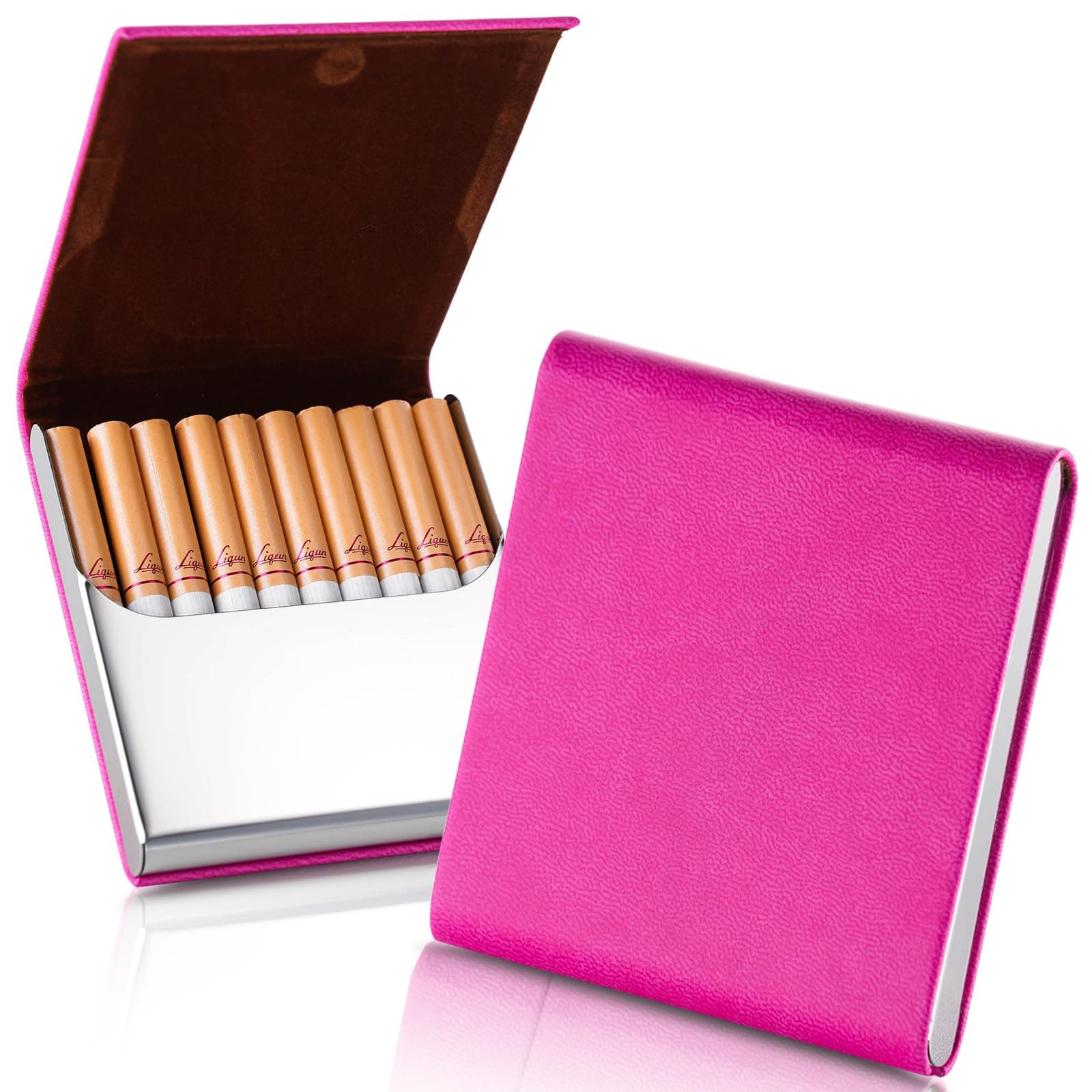 ZHOMA Portable Slim Leather Cigarette Case with Magnetic, Ultra-Thin Metal Cigarette Carrying Box for Hold 10 Regular Size Cigarettes, One-Hand Operate Cigarette Pocket for Men and Women -Rose