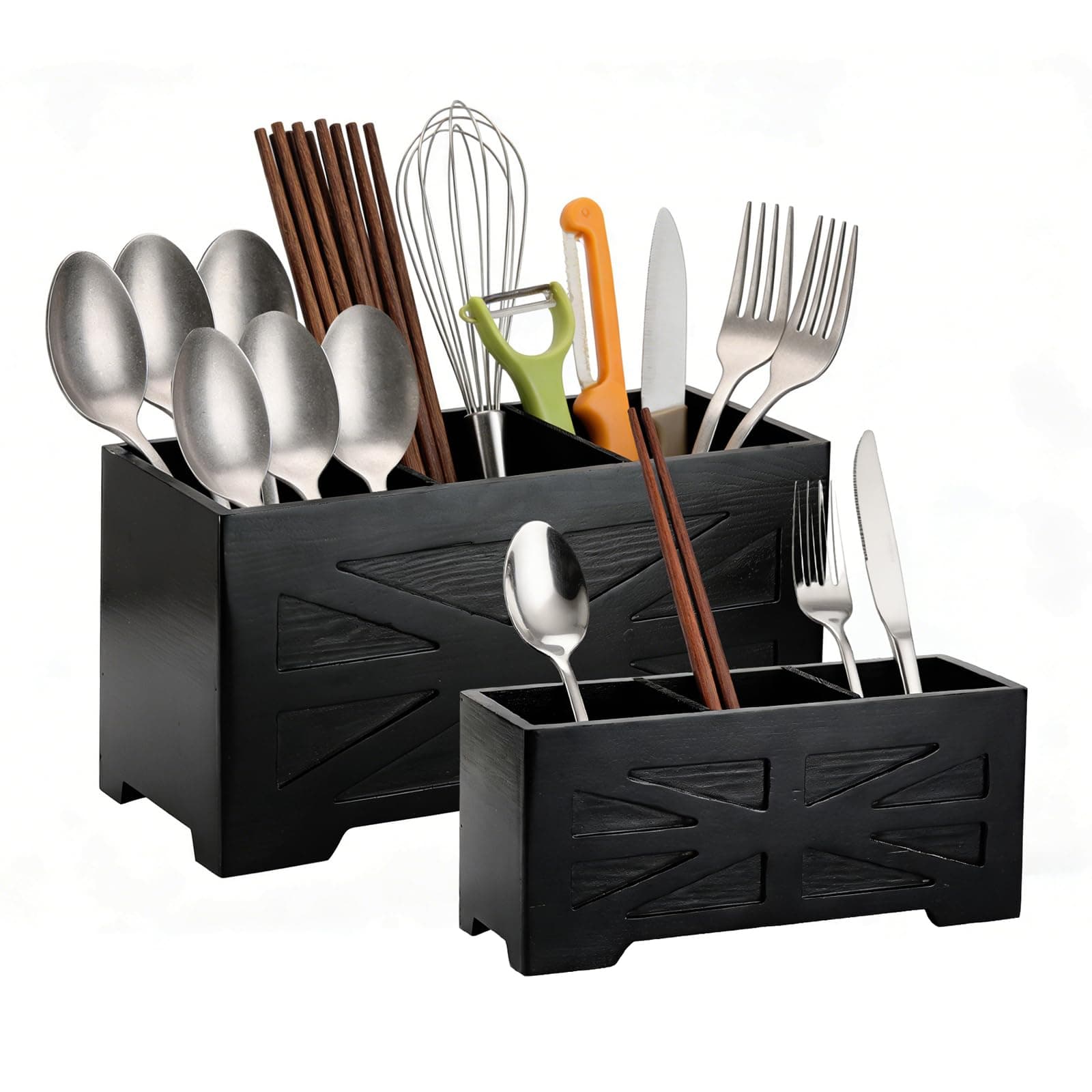 PEKER Large Wooden Utensil Holder with Removable Divider - 3-Compartment Countertop Organizer for Cooking Utensils - Black Kitchen Crock for Easy Storage 2 Pack