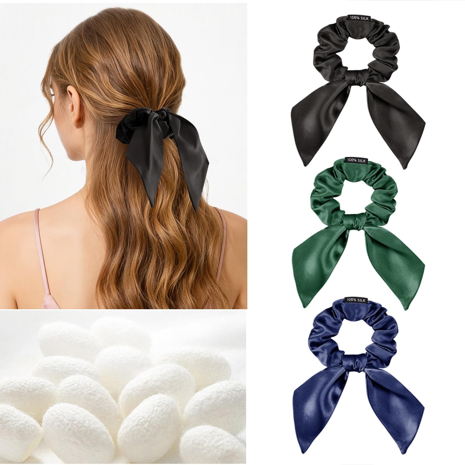 THXSILK 3 PCS Silk Scrunchies for Women, No Damage Bunny Ear Hair Ties for Grils, Silk Smooth Ponytail Holder, Medium (Black & Green & Blue)
