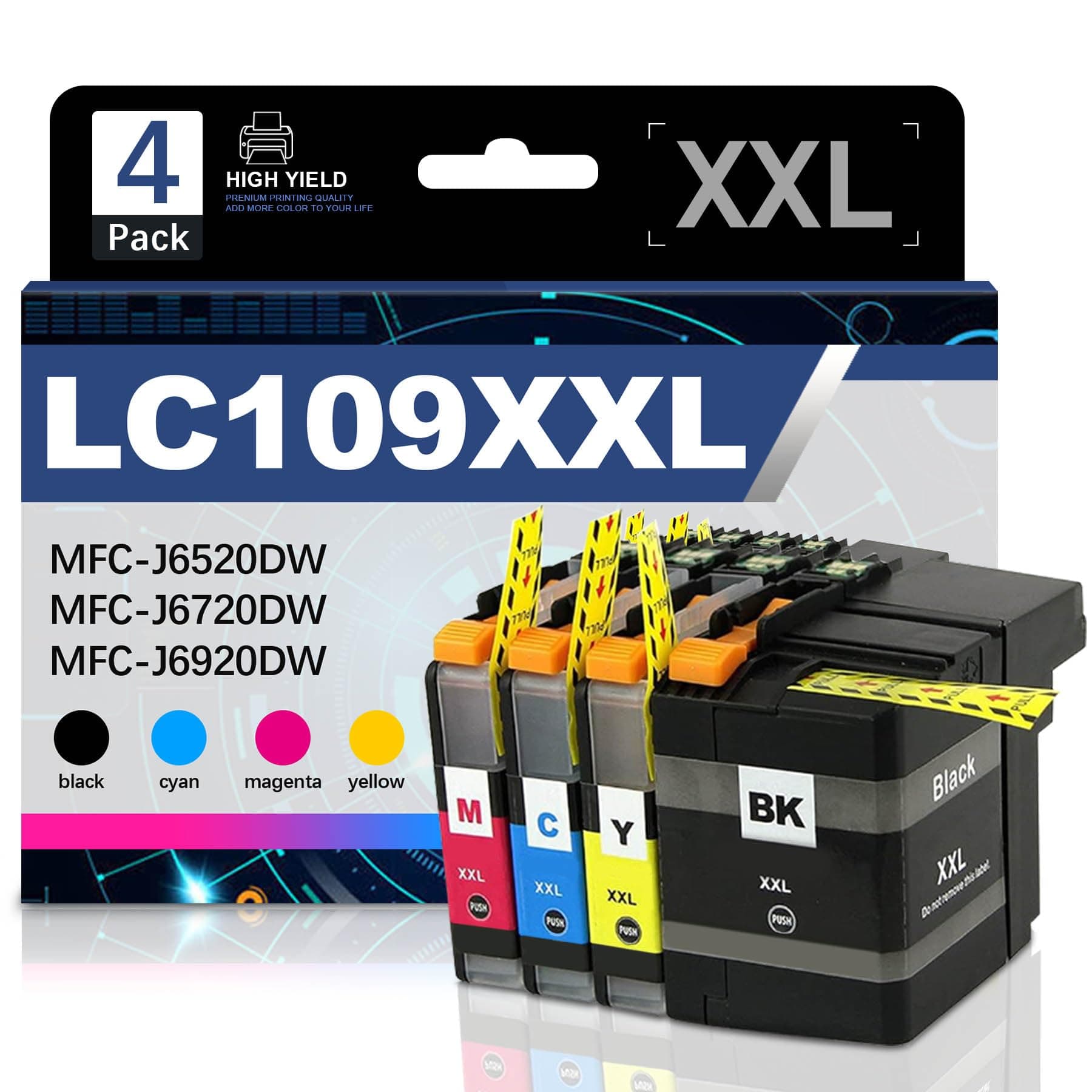 LC109XXL Ultra High Yield Ink Cartridges 4 Pack: LC109BK LC105C LC105M LC105Y Replacement for Brother LC109 LC105 for MFC-J6520DW MFC-J6720DW MFC-J6920DW(1BK/1C/1M/1Y)