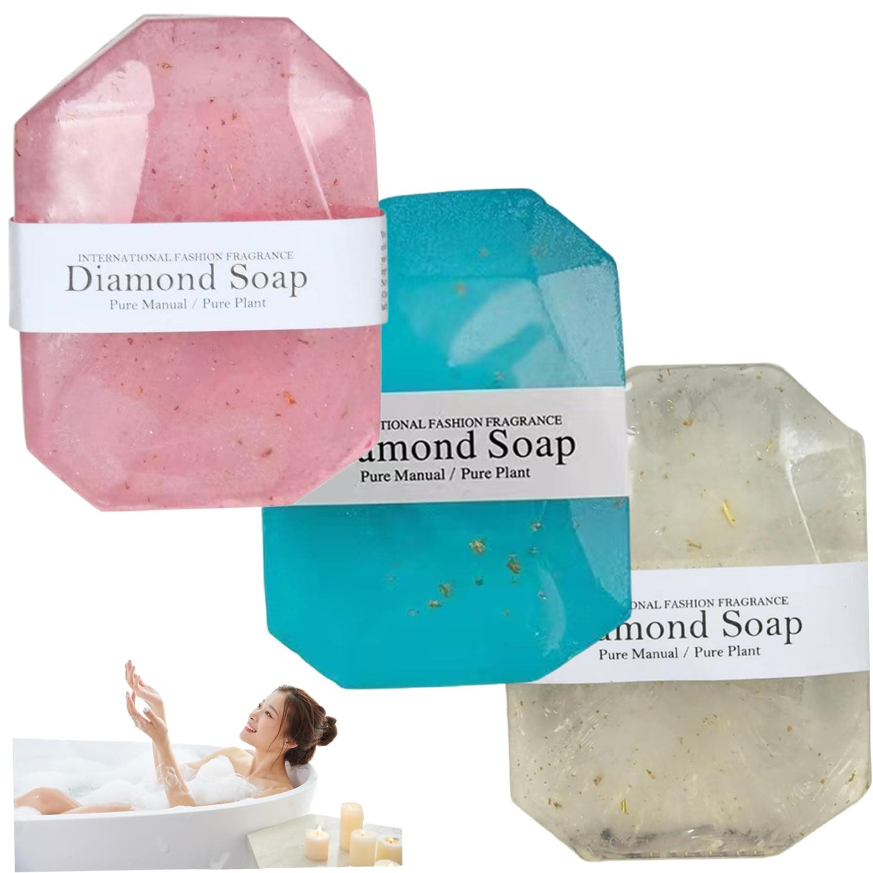 3Pcs Diamond Soap, Natural Plant Gem-shaped Bath Oil Soap, Botanical Scented Essential Oil, Gold Foil Bath for Women & Men..