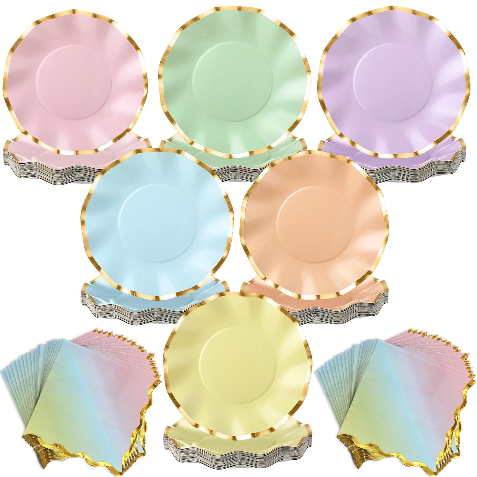 Havawish 48 Pcs Rainbow Paper Plates and Napkins Party Supplies 8'' Dessert Paper Plates with Foil Edge Scalloped Napkins Disposable Dinnerware Decoration Set for Birthday Bridal Baby Shower Wedding