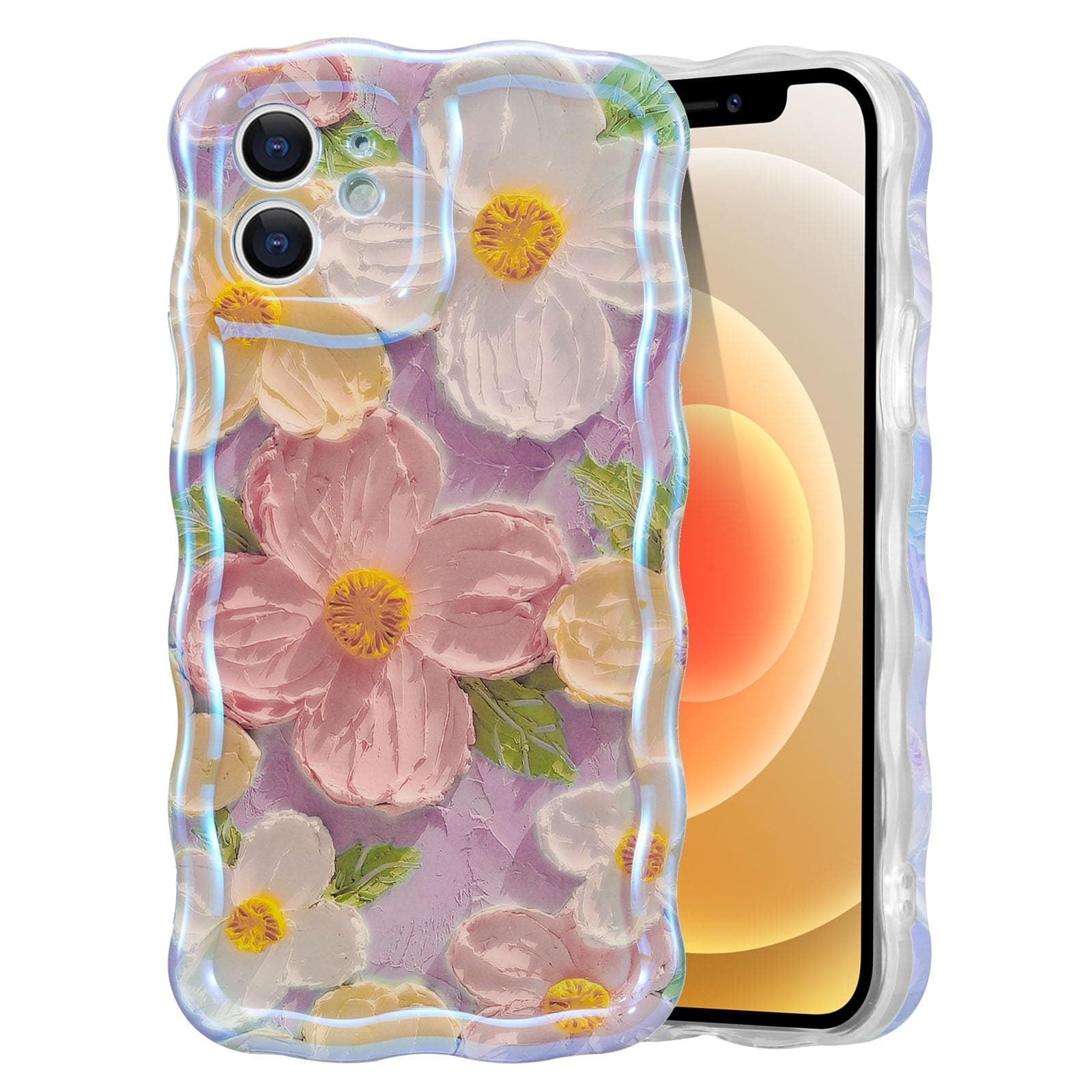 EYZUTAK Case for iPhone 11, Colorful Retro Oil Painting Printed Flower Laser Beam Glossy Pattern Cute Curly Waves Border Exquisite Phone Cover Stylish Durable TPU Protective Case for Girls Women -Pink
