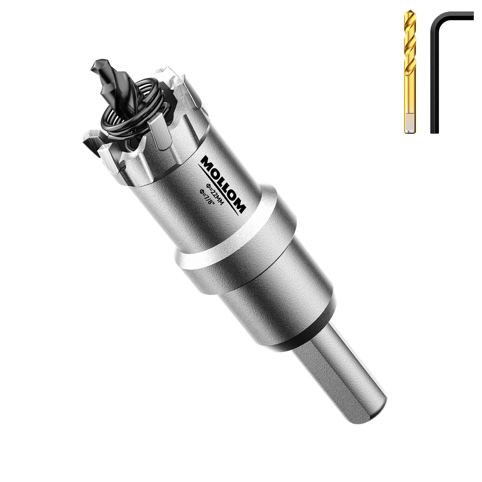 Mollom (7/8'' | 22mm) Heavy Duty Carbide Hole Saw with 2 Pilot Drill Bits, Hole Cutter cuts Stainless Steel, mild Steel, Iron, Copper, Brass, Plastic