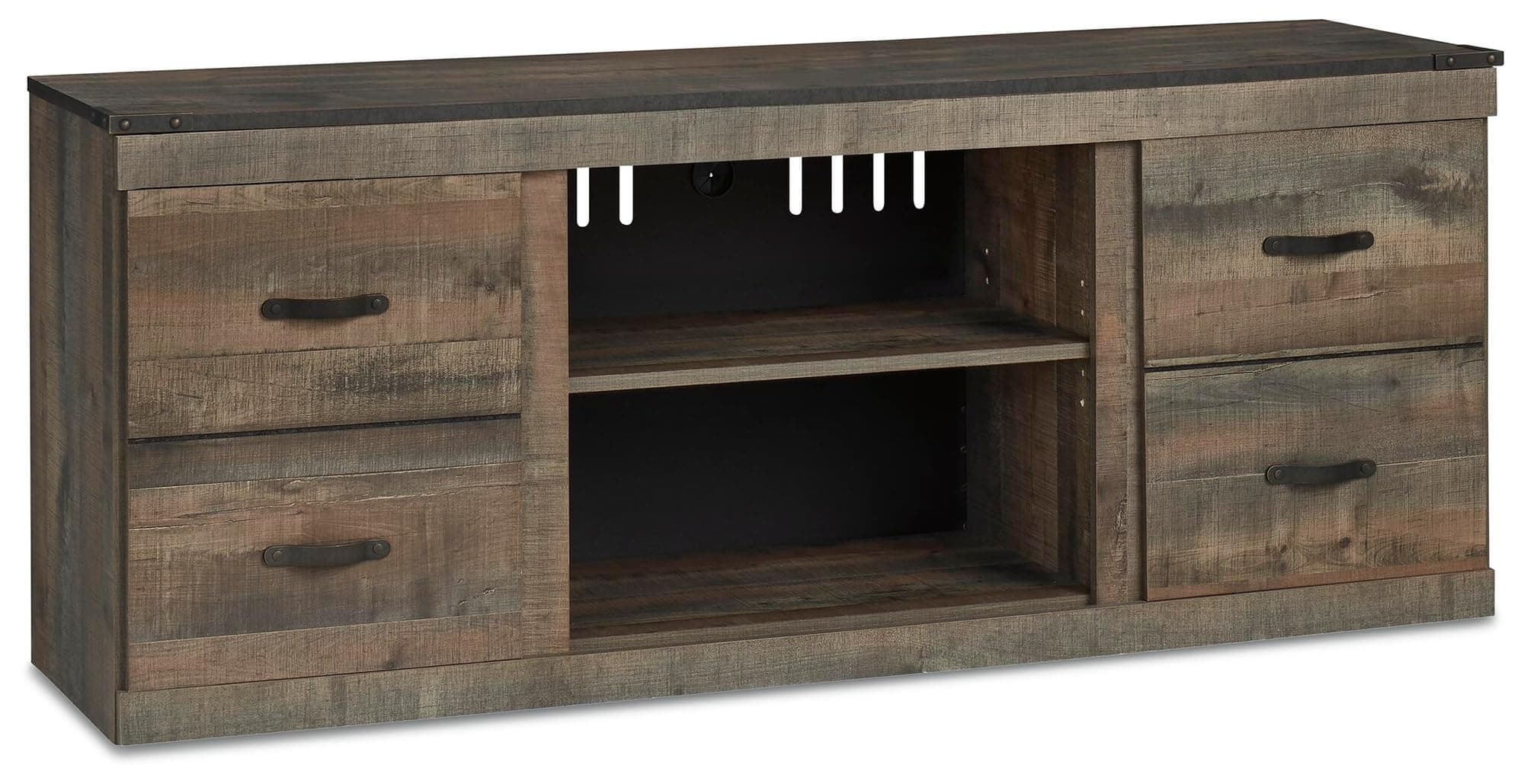 Signature Design by Ashley Trinell Vintage Large TV Stand up to 60" with 3 Adjustable Shelves and Fireplace Option, Dark Brown