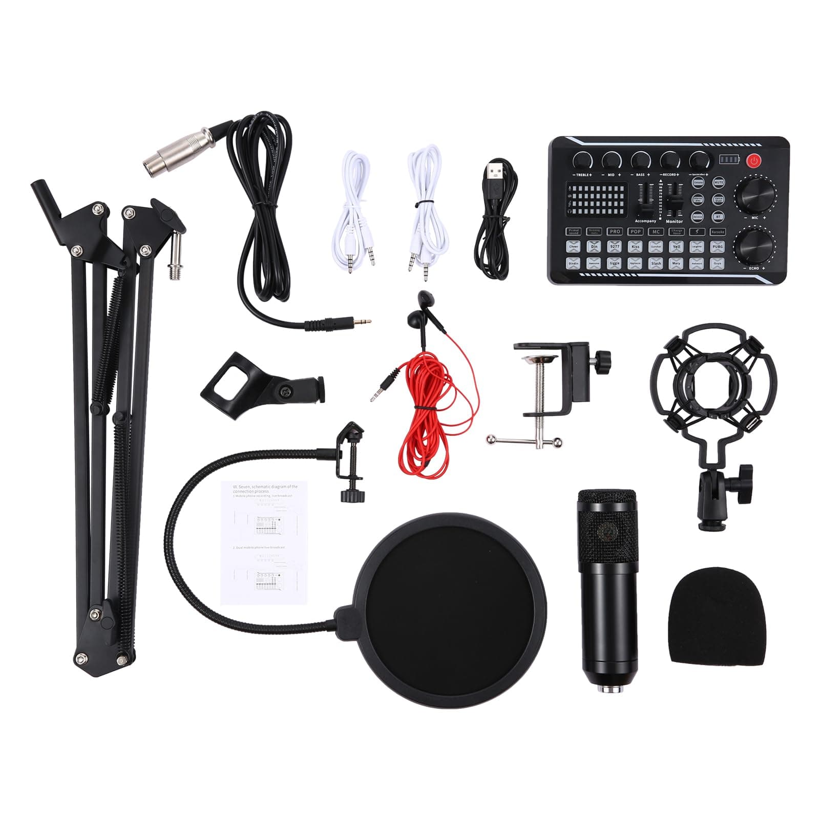 HXYIG Suspension Microphone Kit Professional Sound Card & Microphone & Mic Arm Bracket Set F998 Live Soundcard BM800 Condenser Microphone Shock Proof Holder Windshield Pop Filter Boom Arm for Studio