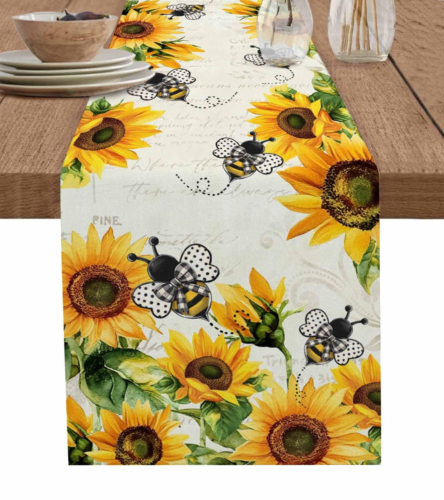 Sunflower Table Runner 13 x 72 Inches, Kitchen Table Runner Retro Farmhouse Sunflower Bee Dresser Scarf/Cabinet/ Dinning Table Decor