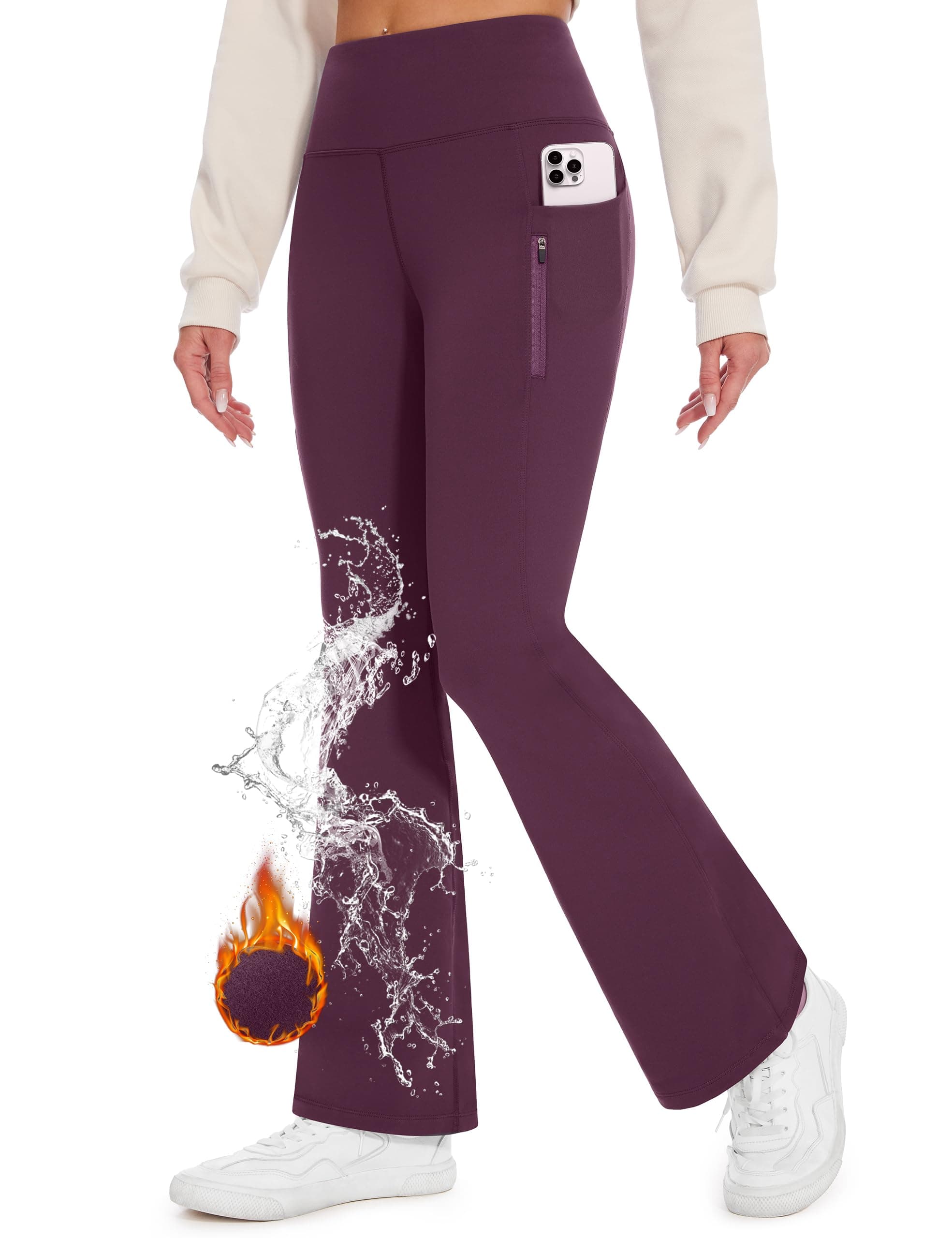 Desol Fleece Lined Hiking Pants Women, Winter High Waist Fleece Flare Pants Waterproof Thermal Snow Pants with Zipper Pockets Purple