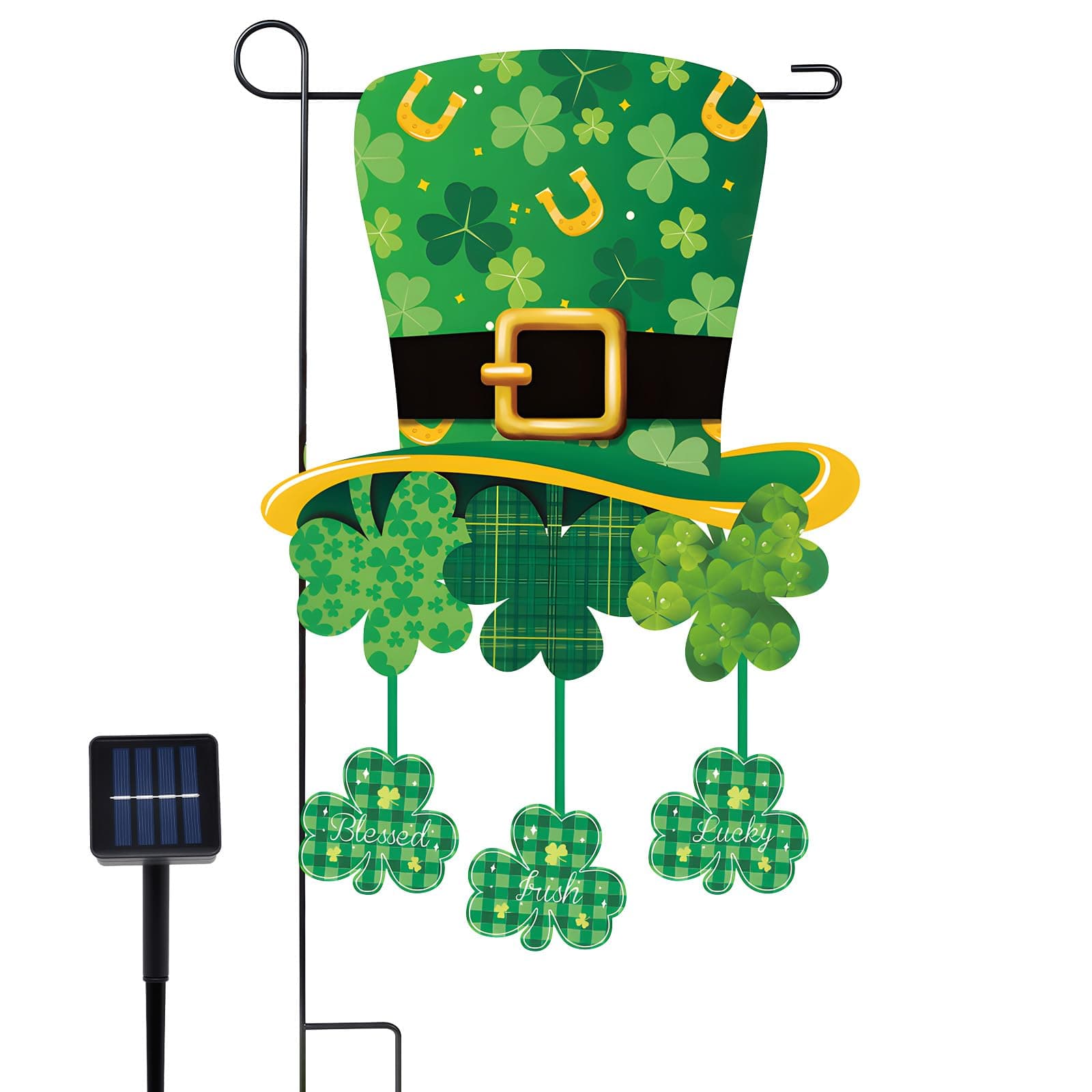 14 x 23 Inches Lighted St. Patrick’s Day Garden Flag – Double-Sided Shamrock Hat Yard Flag with Warm LED Lights, Solar-Powered Outdoor Irish Décor for Porch, Lawn and Patio