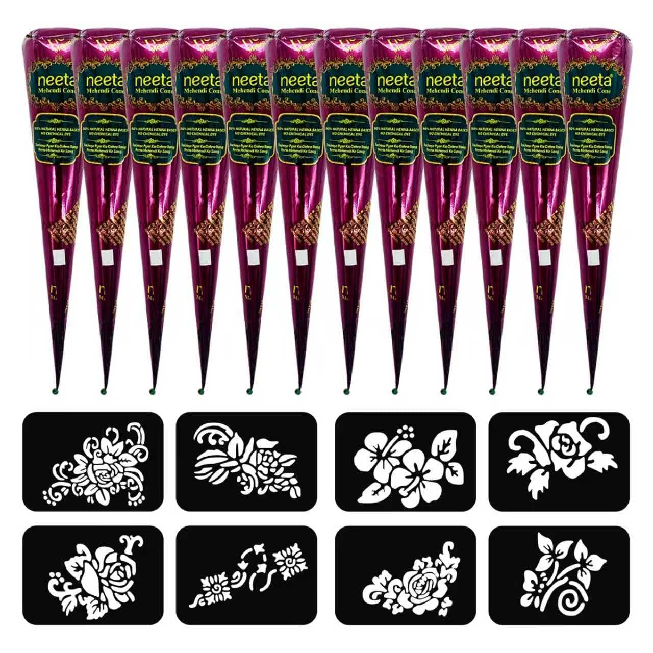 12 Pack Natural Mehendi Cone Henna Paste Temporary Tattoo Paste with 8pcs Tattoo Stencils| Each cone 25 grams | Indian Body Art Painting Drawing Tattoos Freckles (Reddish Brown Color-CS)