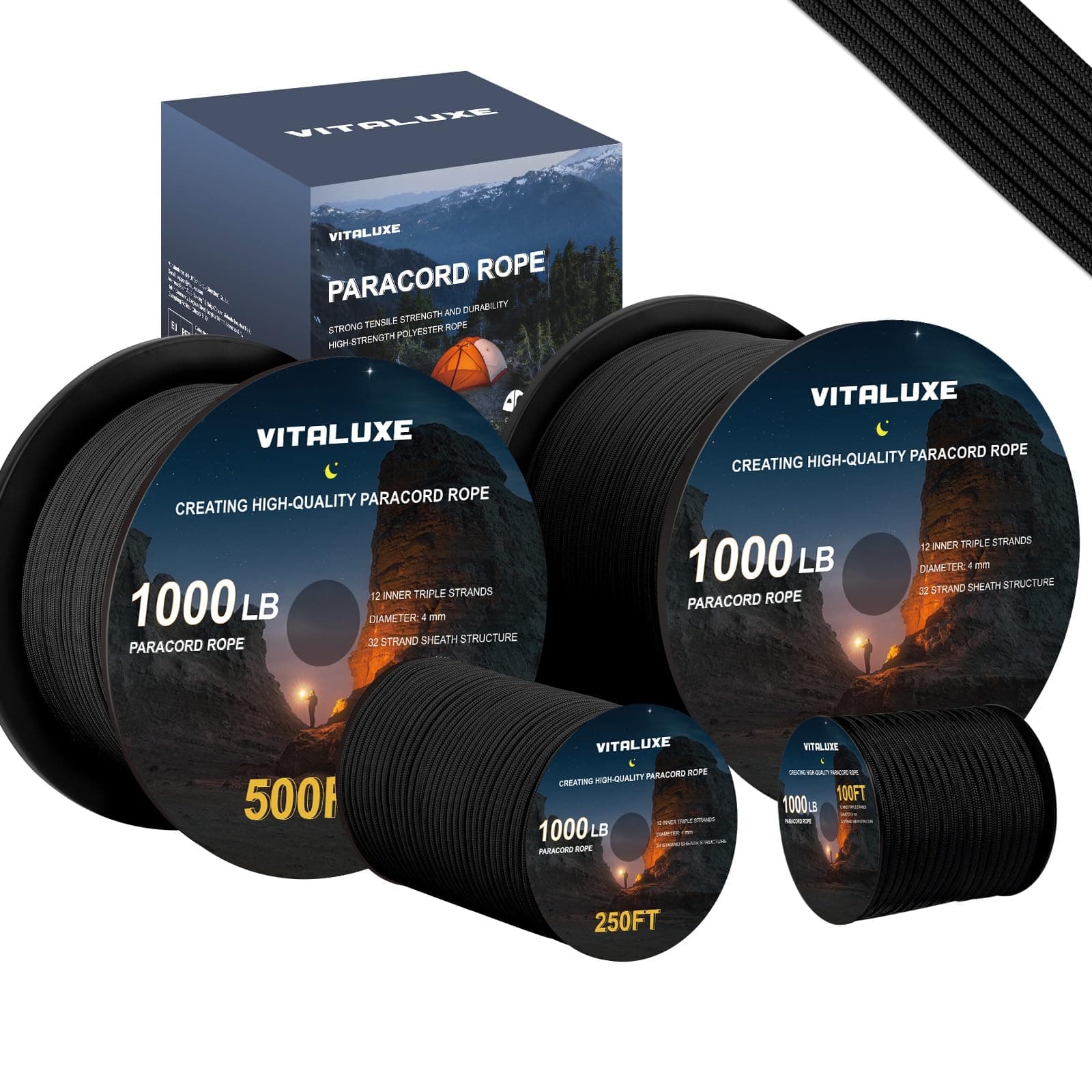VITALUXE 1000lb Paracord Rope, 4mm 12 Triple Strands Paracord, Heavy Duty Tactical Parachute Cord for Survival Gear, Camping, Hiking, and Ideal for Bracelets, Lanyards, Type III, 100FT, Black