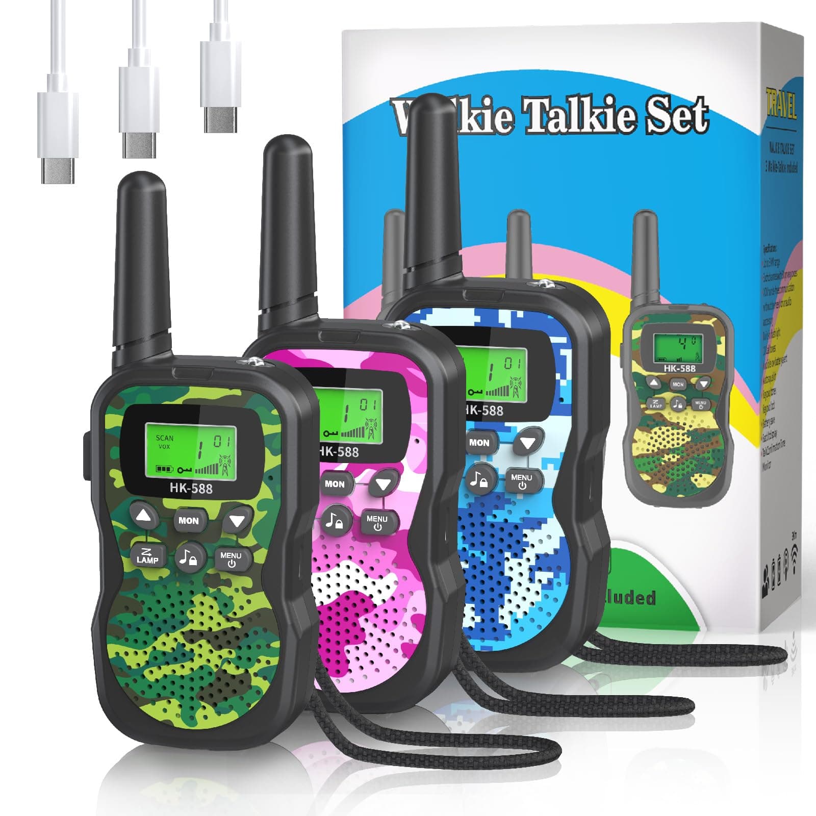 BUKEWIT 3 Pack Walkie Talkies for Kids Rechargeable,Upgraded Version Camouflage Exterior 22 Channels 2 Way Radio with VOX Function & LED Flashligh,3 Miles Range Adventures,Camping Birthday Xmas Gift