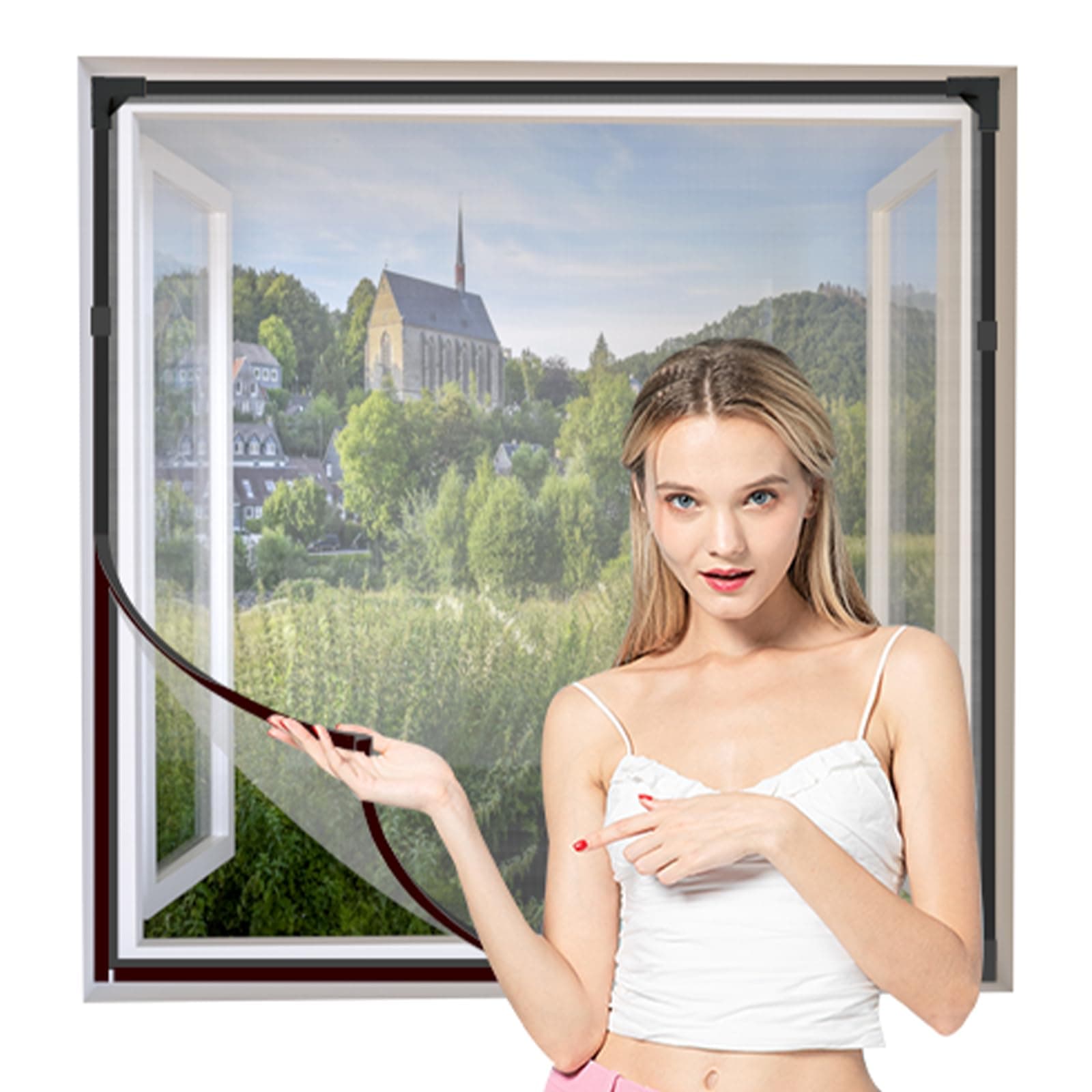 NeatiEase Adjustable DIY Magnetic Fly Screen Window Max 150 x 180 cm with Full Frame Magnetic Strip Easy Installation Fits Any Size Smaller Insect Mesh Mosquito Net for Windows(Grey Frame Black Net)