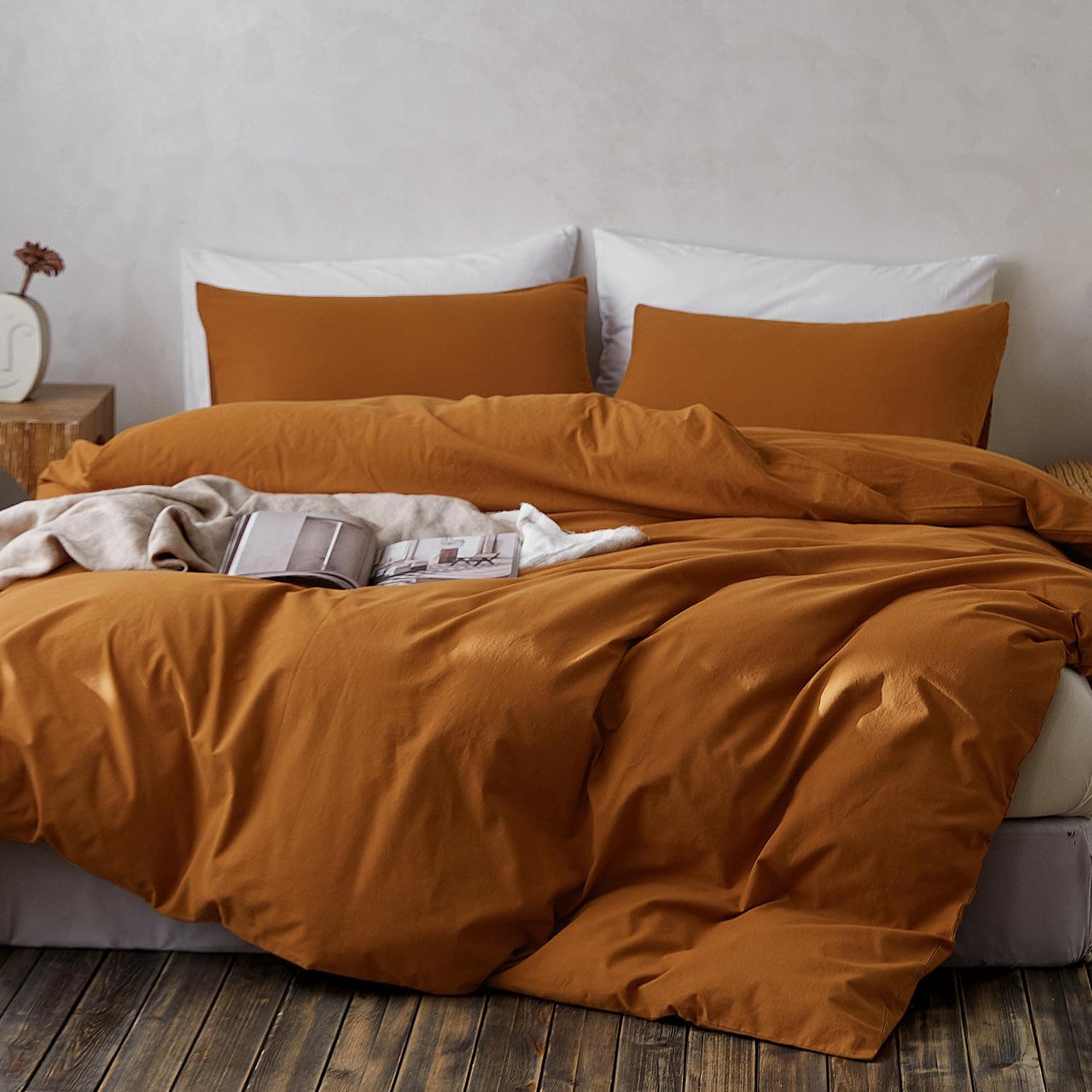 TOCOMOA Cotton Duvet Cover Set Like Linen Feel, Burnt Orange, Queen