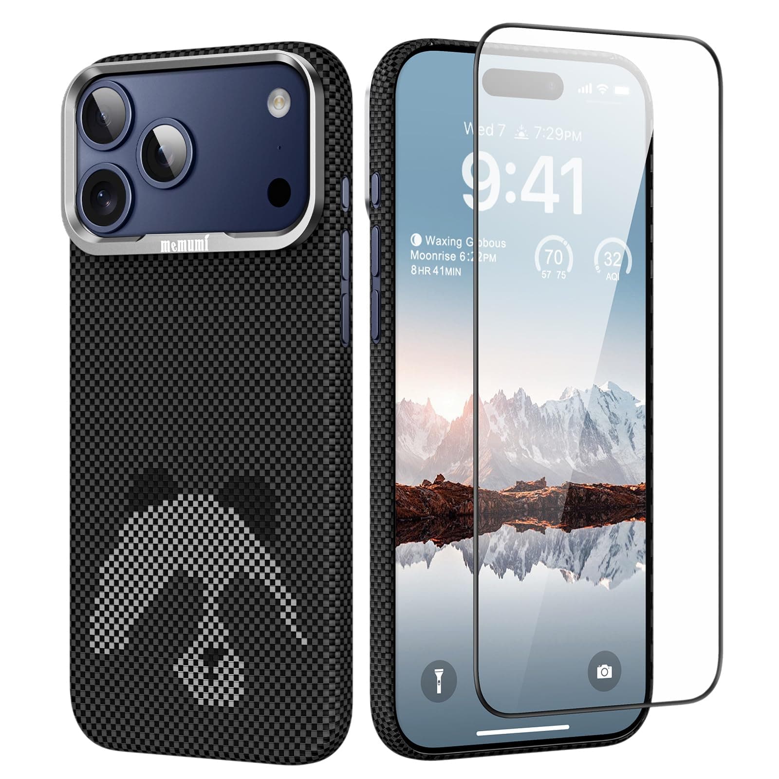 memumi Magnetic Case for iPhone 17 Pro Max Aramid Fiber+Tempered Glass Screen Protector, Compatible with Mag-Safe for iPhone 17 Pro Max Thin Case in Carbon Fiber Design, Little Panda