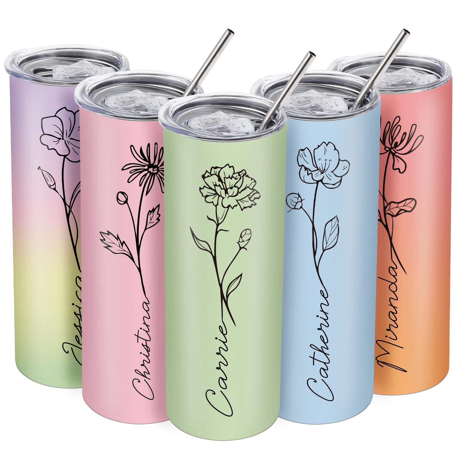 KrazeKK Custom Initial Tumbler, Personalized 20 Oz Monogrammed Cup, Customized Flower Coffee Tumblers with Lids and Straws, Birthday GIFs for Women, Girlfriends, Wife (20OZ Skinny Birth Flower)