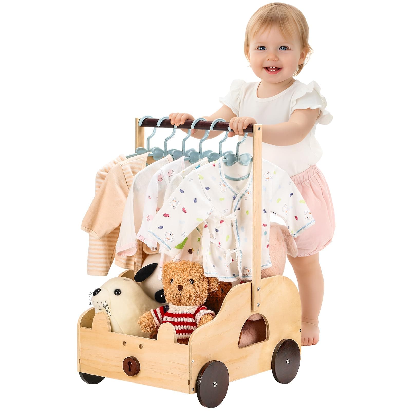 Baby Gift Basket Wooden Rolling Basket with Wheels Bear Shape