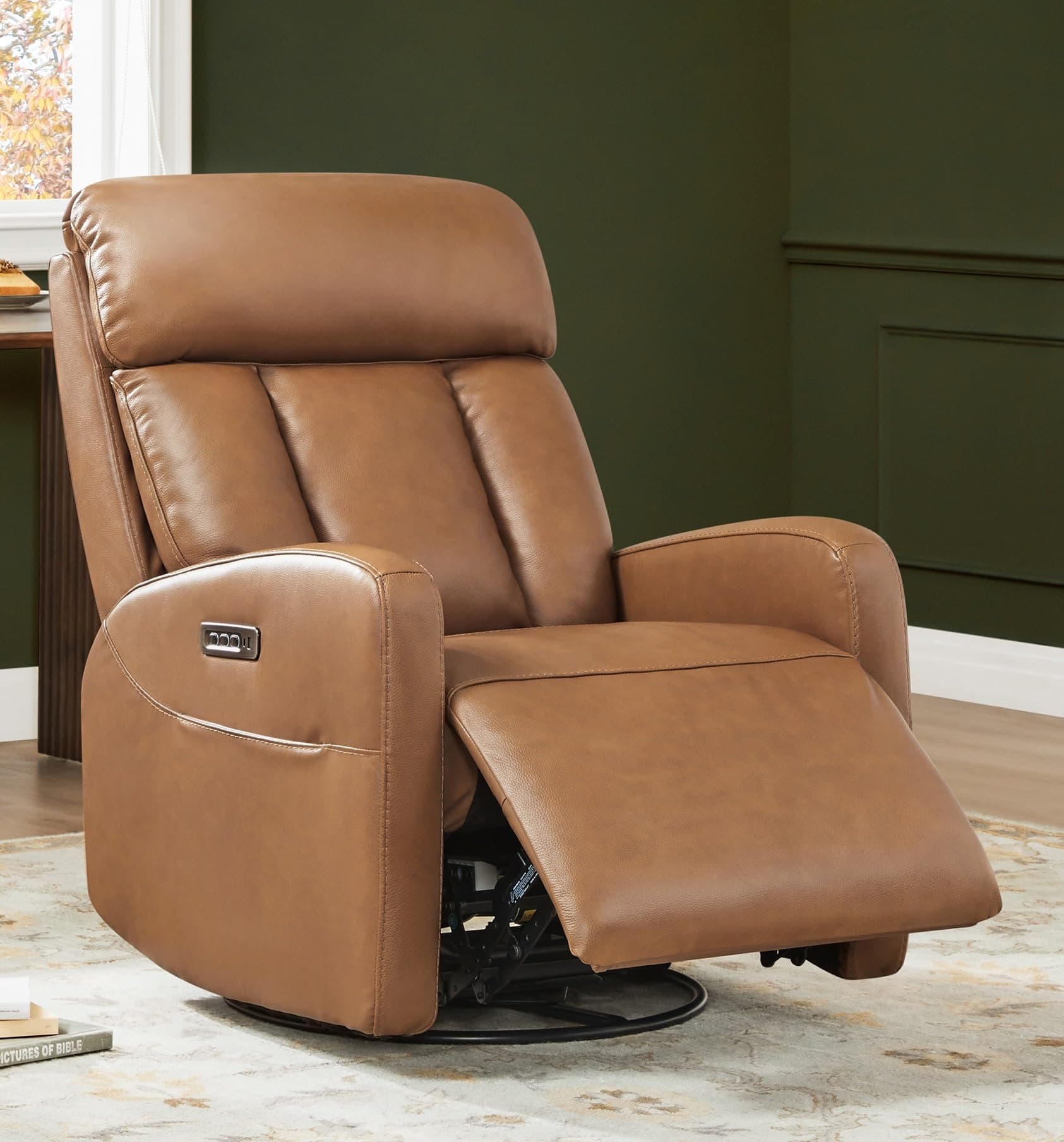 CHITA Genuine Leather Power Recliner Chair, Swivel Rocker, Saddle Brown