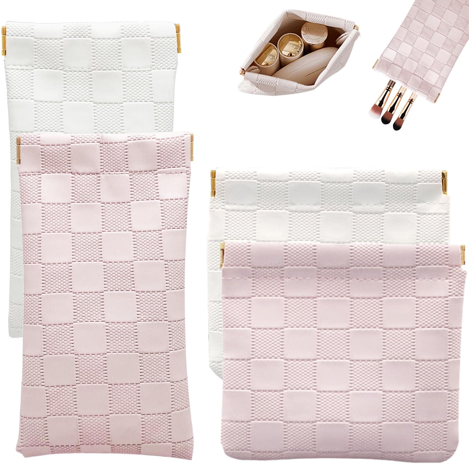 lyBlissor 4PCS Leather Pocket Cosmetic Bag for Purse, Small Makeup Bag for Women, Waterproof Portable No Zipper Coin Purse Lipstick Purse Accessories Bag Organizer, Checkered Travel Storage Pouch,