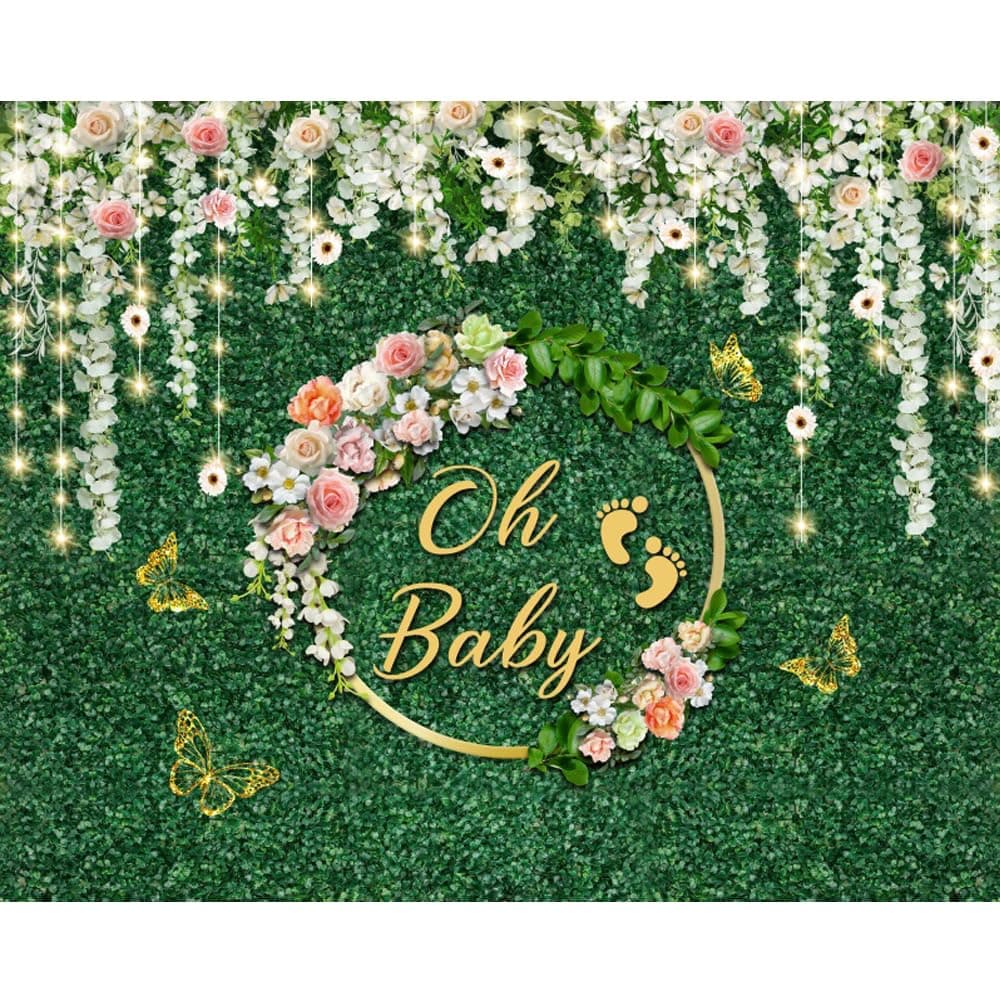 Caaerttply Oh Baby Backdrop for Photography Green Grass Wall White Flower Wreath Baby Shower Photo Backdrop 10x8ft Gender Reveal Background Sweet Baby Girl Boy Pregnancy Party Decor Cake Table Banner