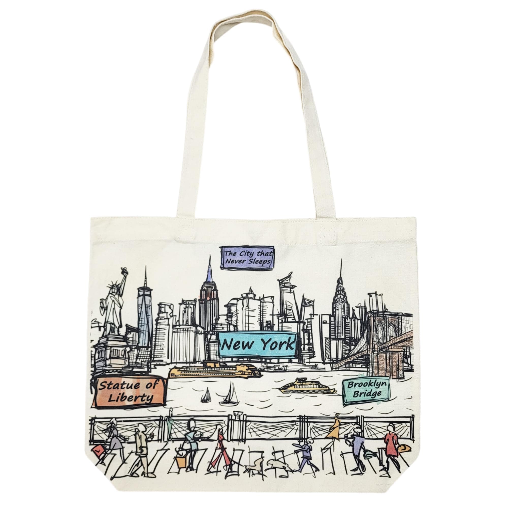 Beary Blu City Hand-Drawn Artwork Tote Bag Collection - Designed in the USA, Double Sided Print, Souvenirs Gifts for Women, New York, 17 inches x 14, Hand Drawn Artwork