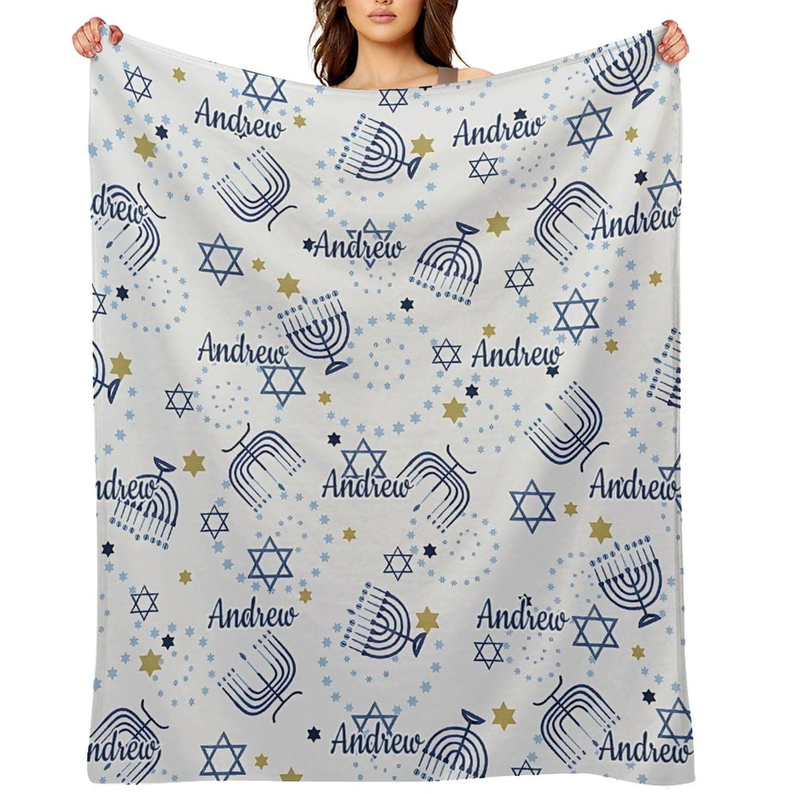 SHYESOP-ey Personalized White Hanukkah Star Pattern Blankets, Custom Name Swaddle Blankets, Pet Blankets, Unisex Sofa and Car Blankets for Adults, Youth, Friends, 50x60 in