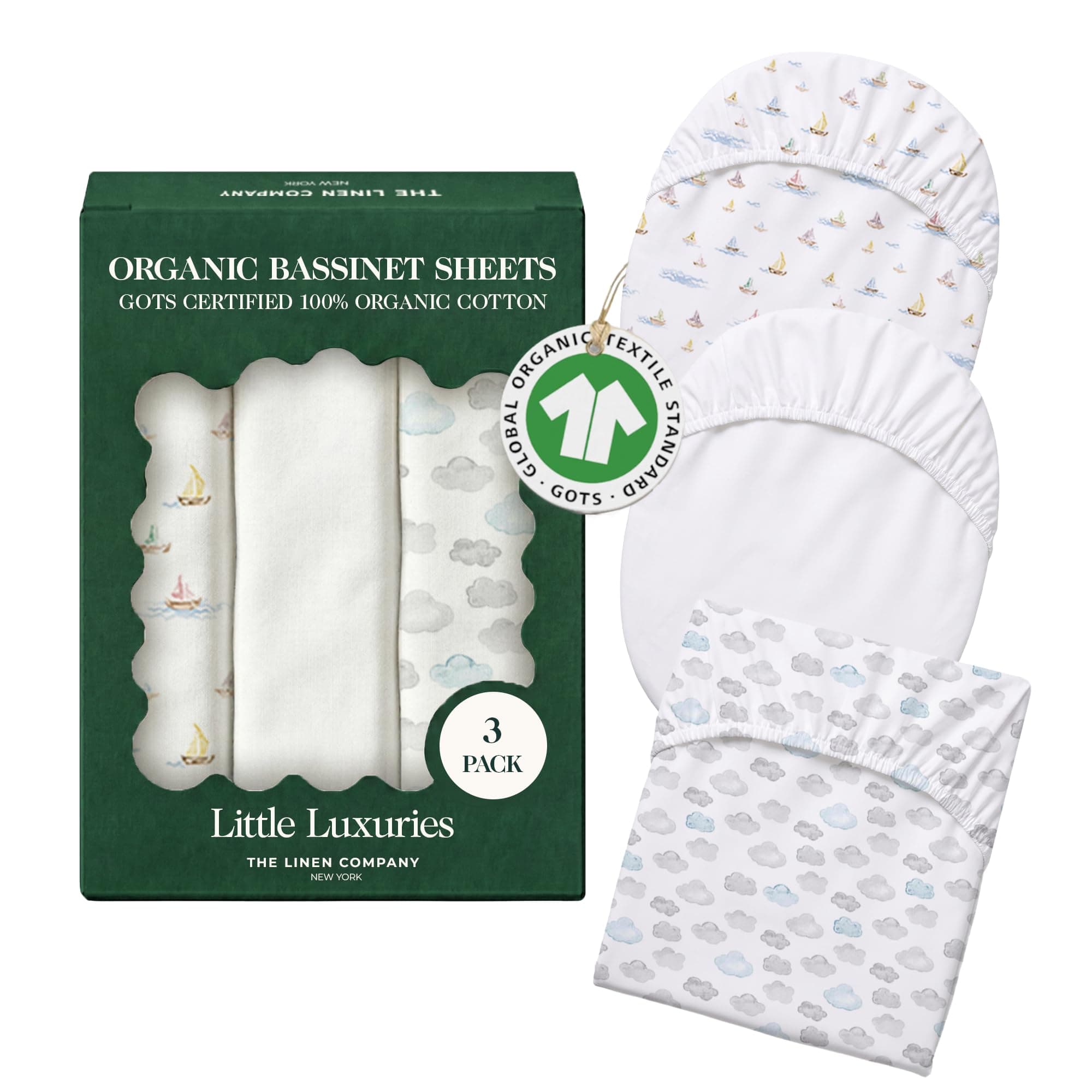 100% Organic Cotton Bassinet Sheets, 33" x 20", Watercolors, 3-Pack