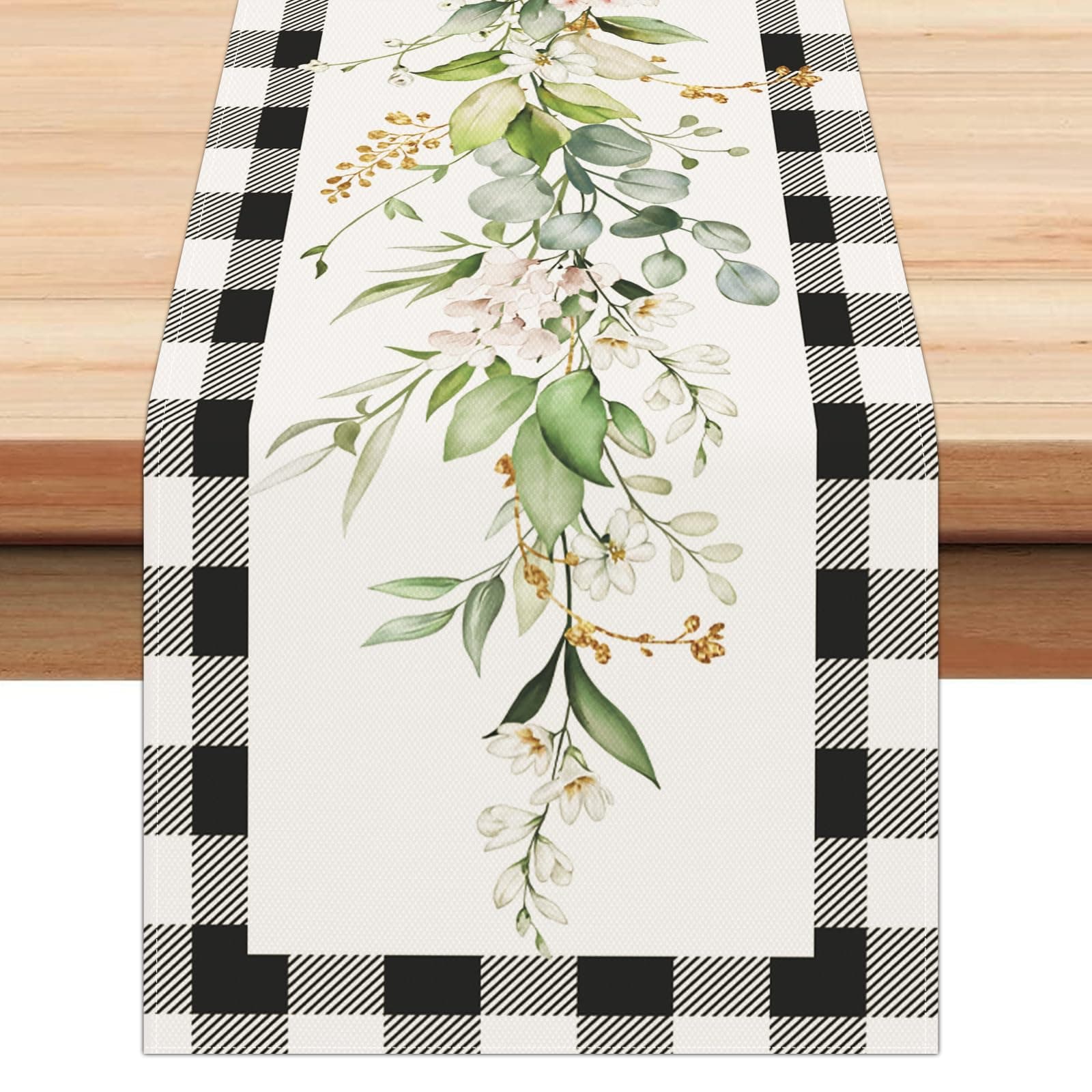 Bonhause Green Eucalyptus Leaves Flowers Table Runner 13x72 Inch Black White Buffalo Plaid Spring Plants Kitchen Dining Table Decoration for Indoor Outdoor Home Party Decor