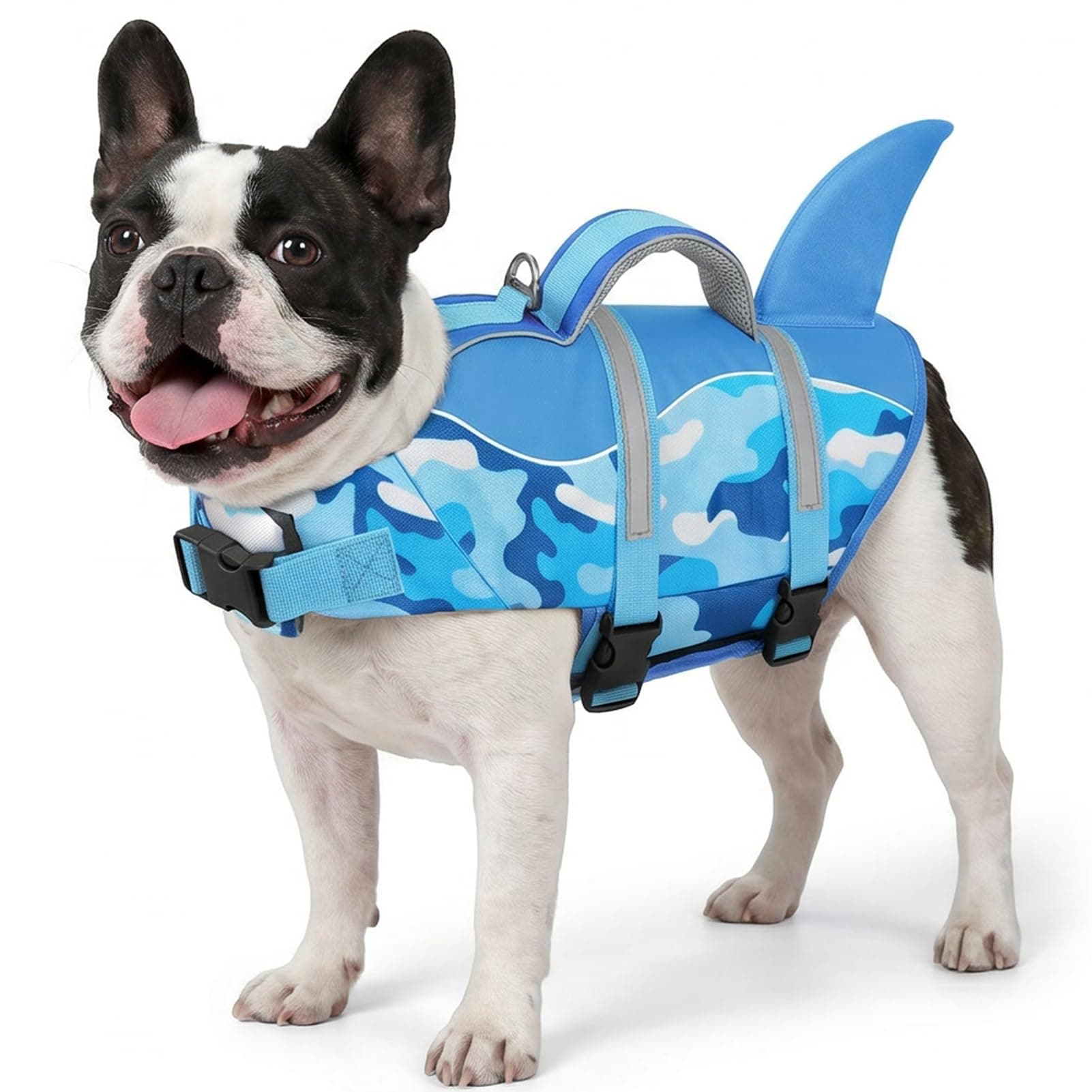 AOFITEE Dog Life Jacket, Shark Dog Life Vest for Swimming Boating, High Flotation Pet Lifesaver with Rescue Handle, Reflective French Bulldog Lifejacket, Life Jacket for Medium Large Dogs, Blue Camo M