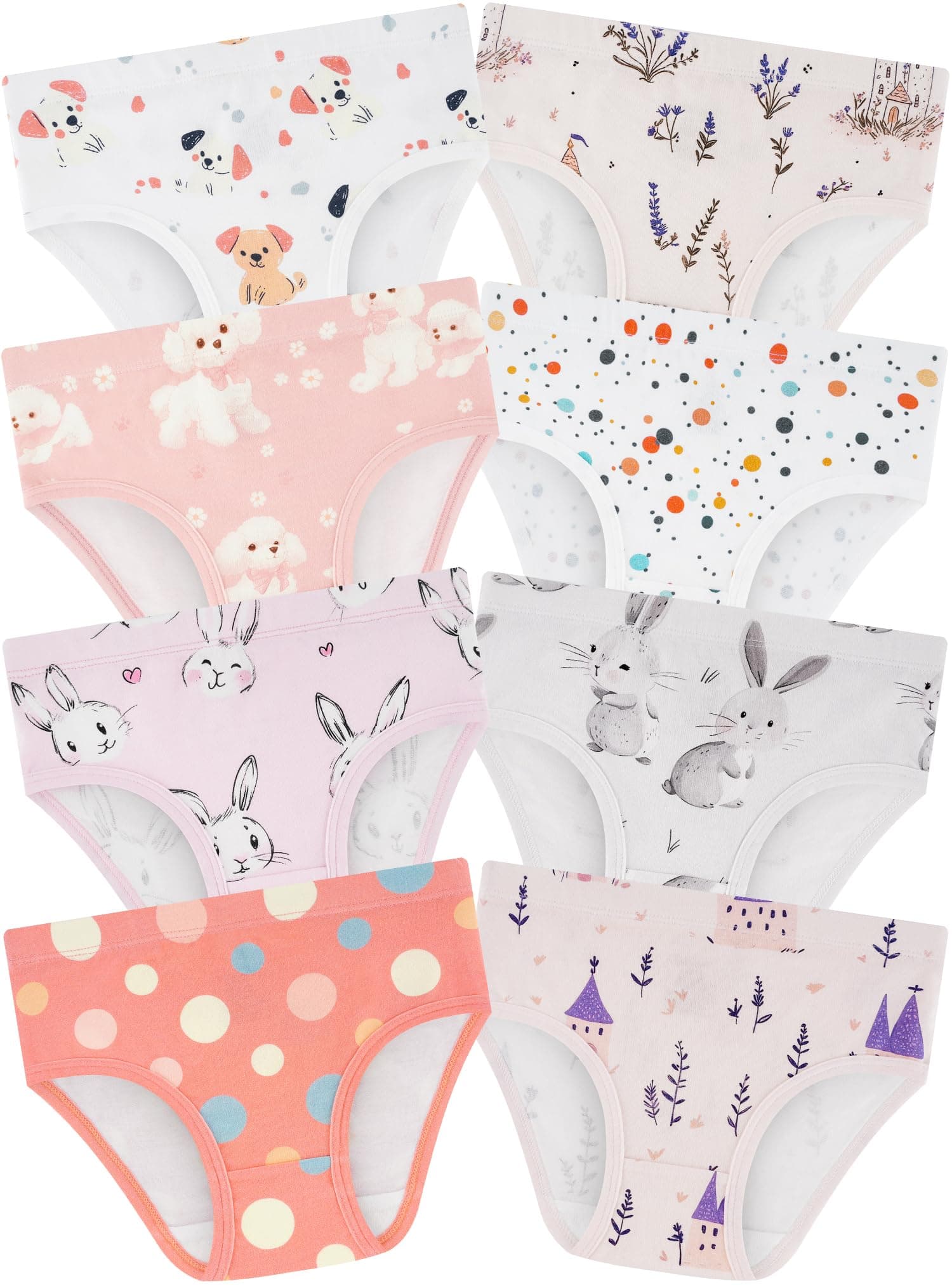 Bliblitata Girls' Underwear,Soft Cotton Tagless Panties for Toddlers' & Little Kids Comfort,Breathable Briefs in Sizes 18-24 Months,2T,3T,4T,5T,6T,7,8,10,12 Years Old,8-Pack Rabbit-Dog-Spot-6