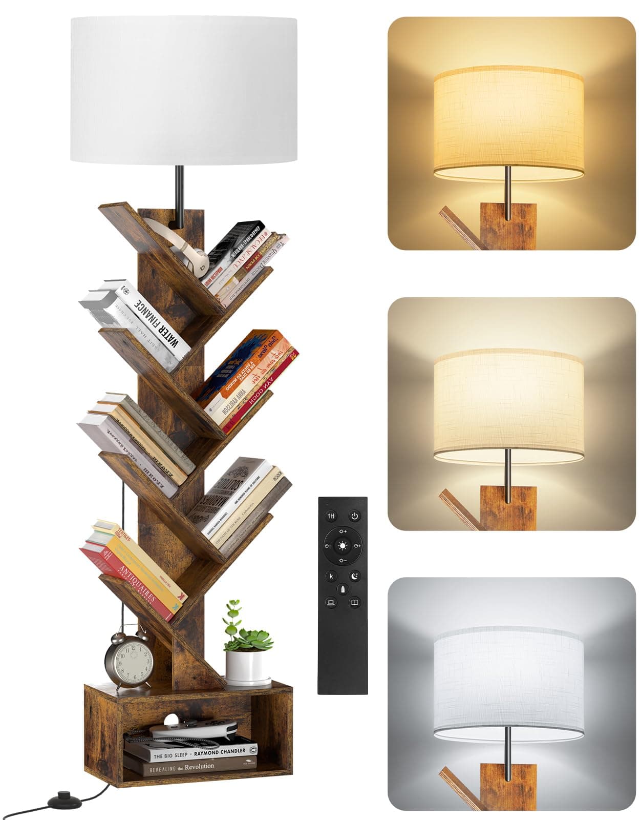 OUTONLIFE 6 Tier Tree Bookshelf with Light & Remote, Dimmable Tall Floor Standing Book Shelf, Narrow Wood Bookcase for Books/CDs, Small Book Organizer Shelves for Bedroom, Living Room, Office