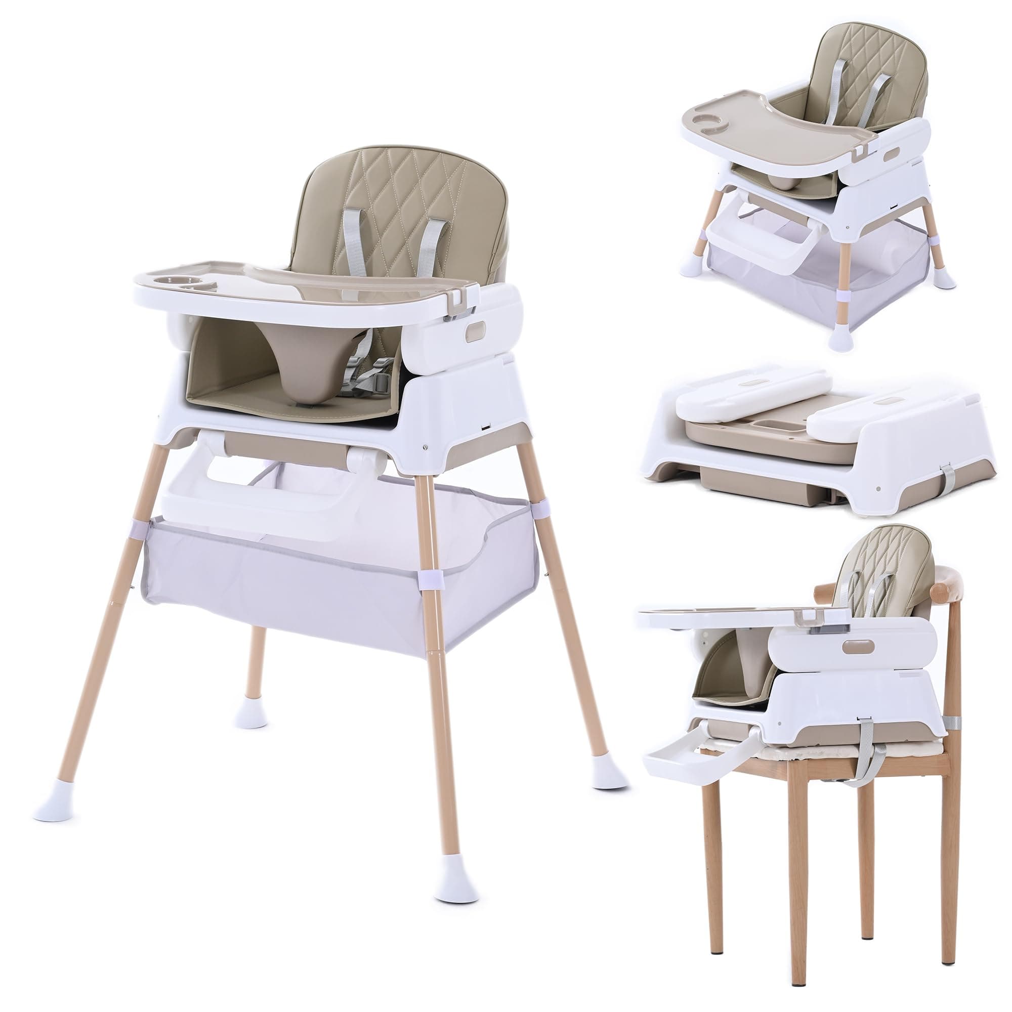 Hrusitoo 3-in-1 Convertible Baby High Chair with Booster Seat, Khaki
