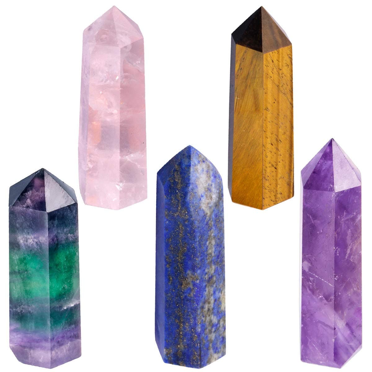 TUMBEELLUWA Pack of 5 Hexagonal Crystal Wands Healing Chakra Single-Pointed Column Polished Reiki Quartz Meditation Home Decor