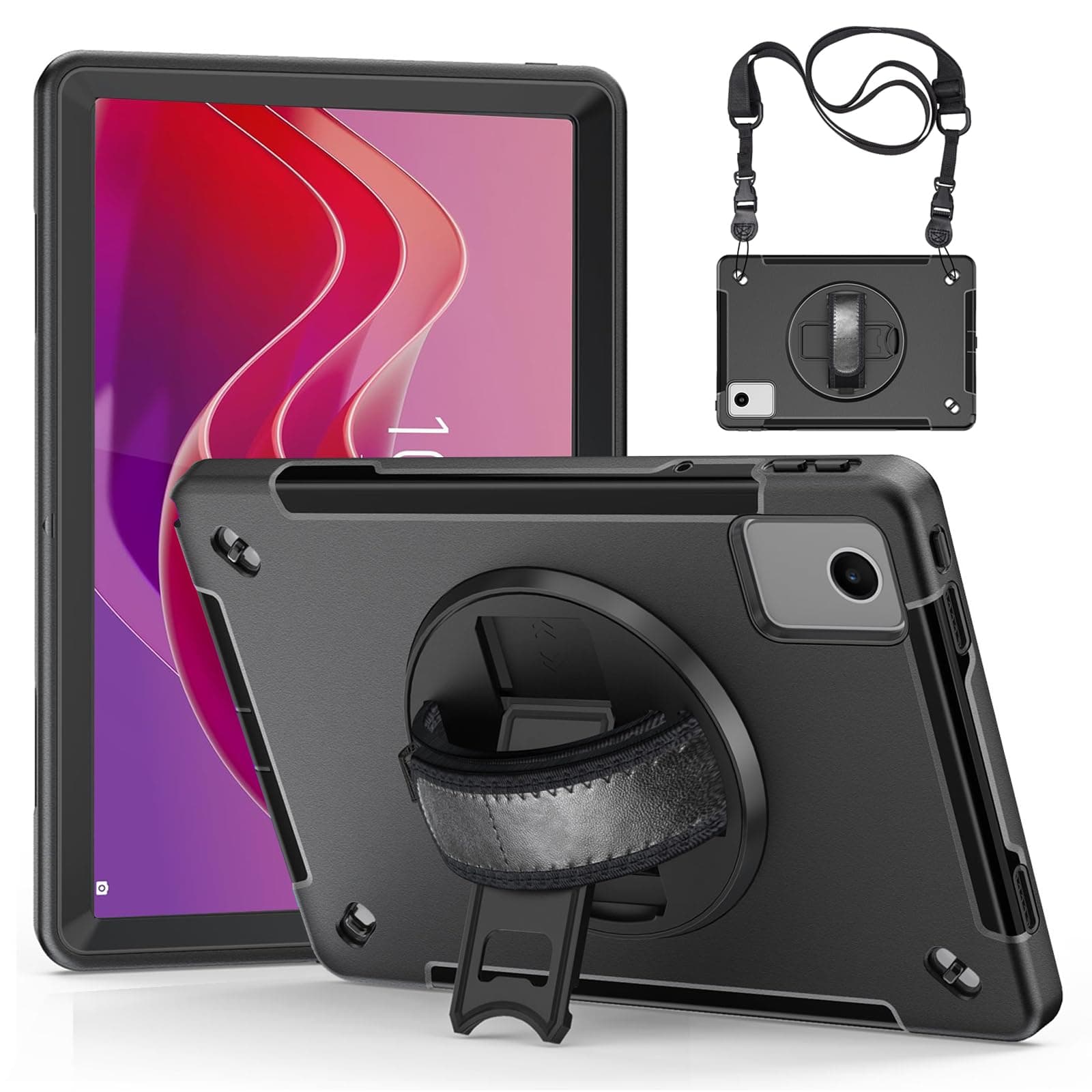 Junfire Protective Carrying Case for Lenovo Tab M11 Case 2023, Lenovo Tab M11 Shockproof Rugged Cover 11 Inch with Kickstand/Hand Strap/Shoulder Strap-Black
