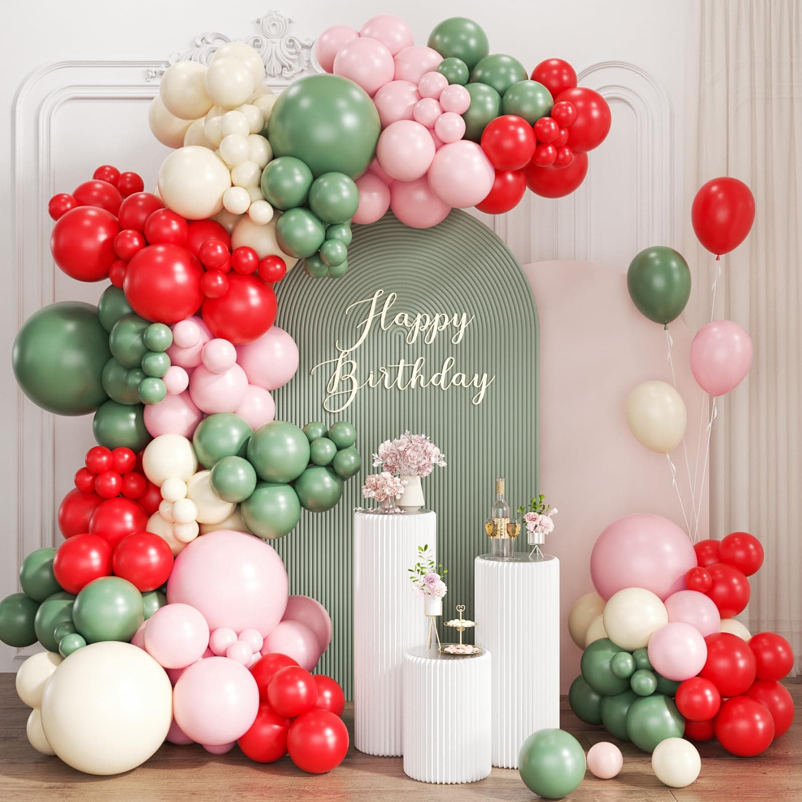 ZHIYAPA Sage Green Pink Red Balloon Arch Garland Kit, 167PCS Sage Green Blush Cherry Red Ivory Latex Balloons for Christmas Birthday Graduation Baby Shower Wedding Party Decoration