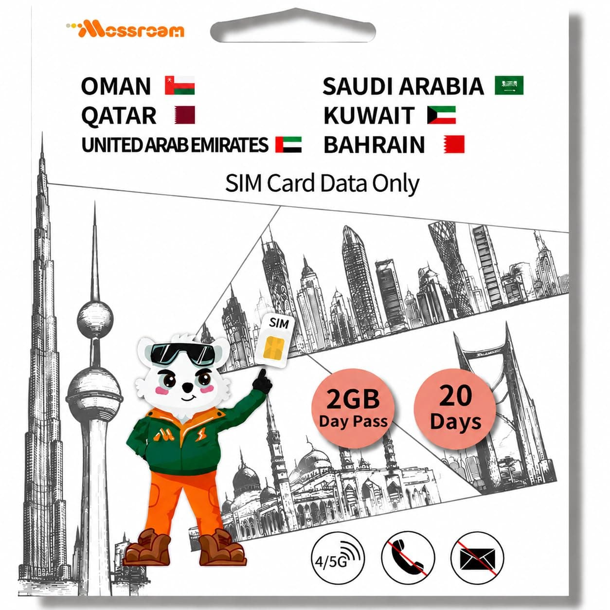 3-in-1 SIM Card for Saudi Arabia, Qatar, Oman, Kuwait – Prepaid Data Plans | Day Pass 2GB Daily Data,20 Days | Unlimited 4/5G Speed Internet
