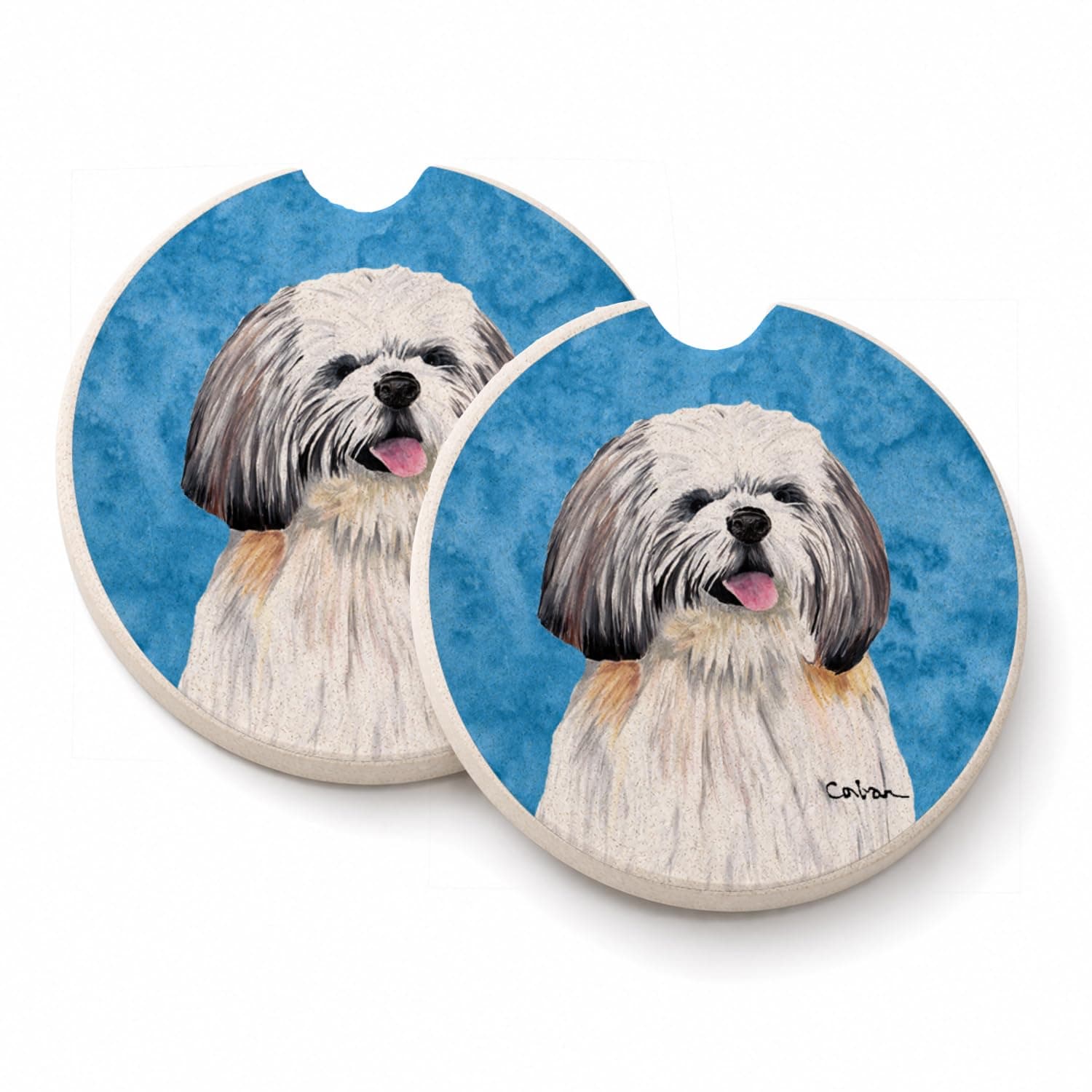 Caroline's Treasures SC9128BUCARC Blue Shih Tzu Set of 2 Cup Holder Car Coasters Absorbent Sandstone Coasters for Car Cup Holders Gifts for Men or Women, Large, Multicolor