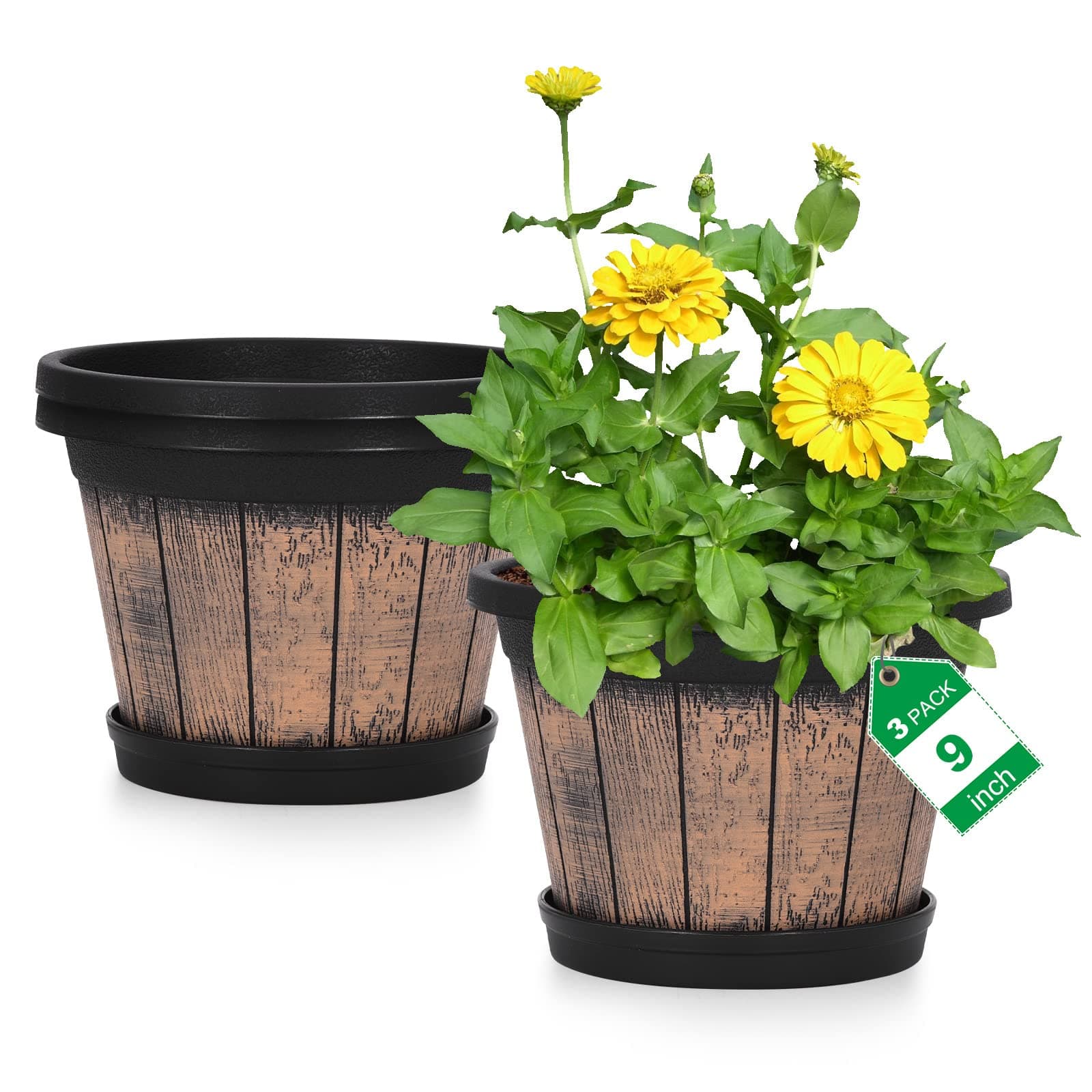 Quarut Plant Pots Set of 3 Pack 9 inch,Whiskey Barrel Planters with Drainage Holes & Saucer.Plastic Decoration Flower Pots Imitation Wine Barrel Design,Canbe for Indoor & Outdoor Garden Home Plants.