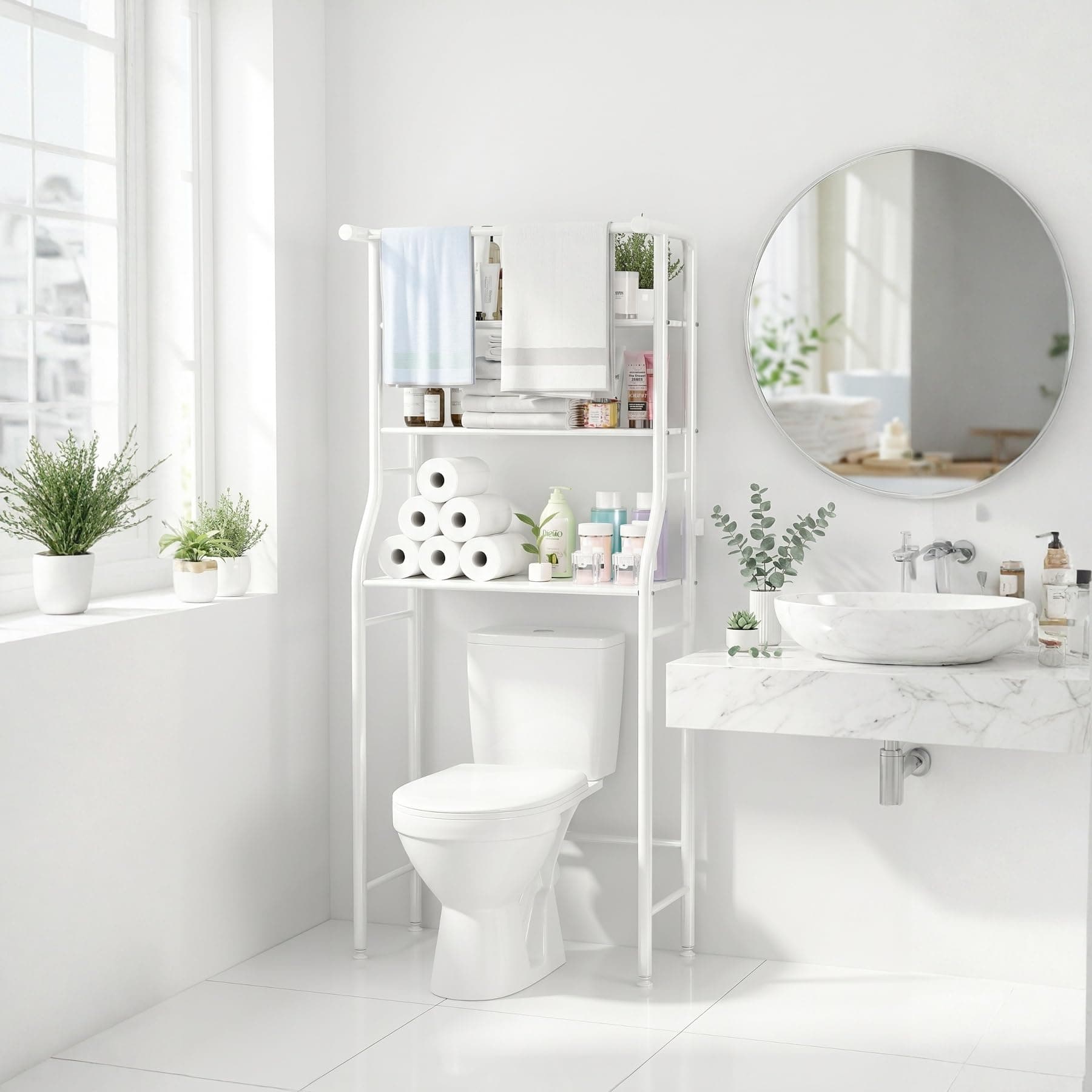 UDEAR 3-Tier Over The Toilet Rack,with Hanging Rod,Tower Shelf,White