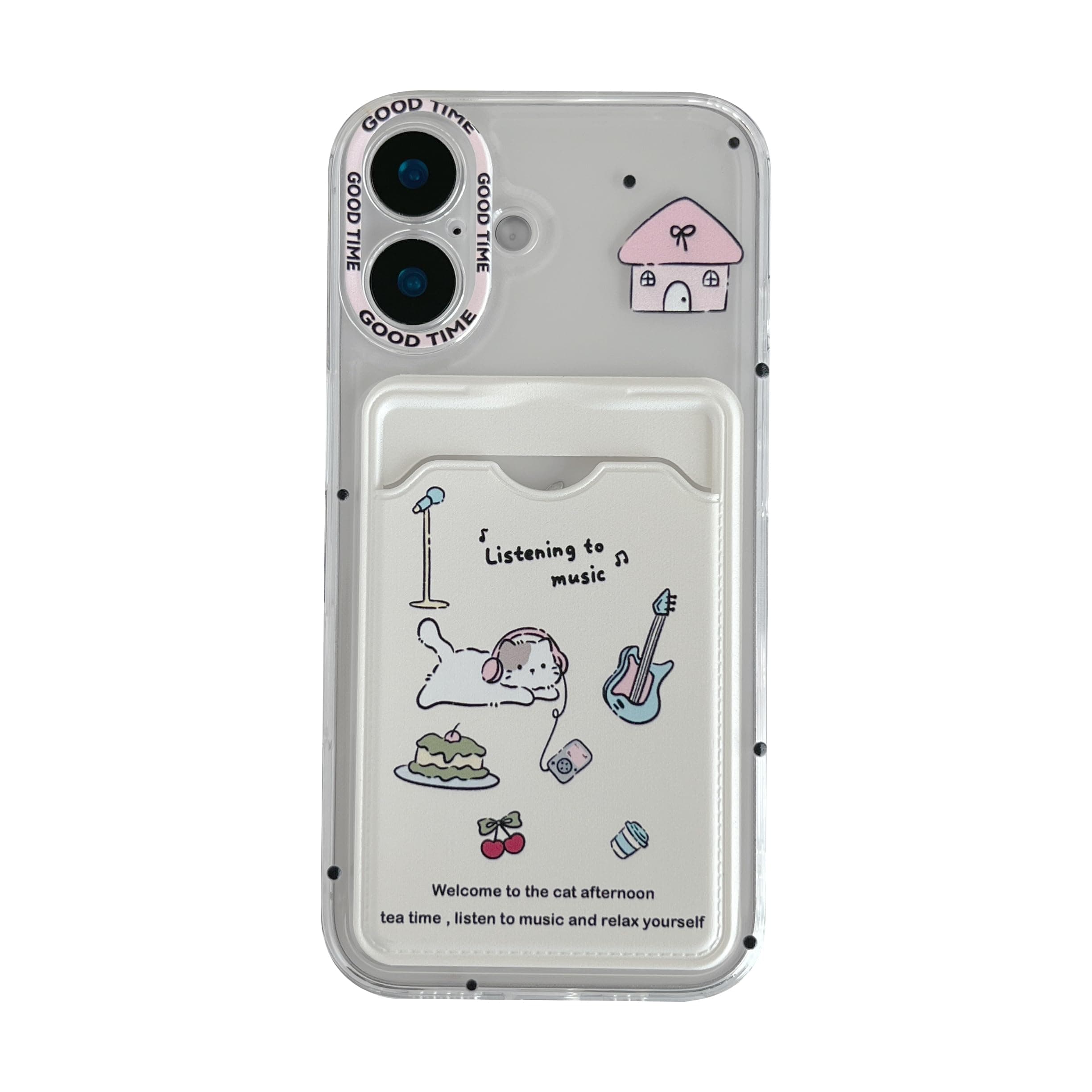 FLIRACON Cute Cartoon Cat Cherry House Wallet Card Clear Soft Phone Case Compatible with iPhone Case (Clear,for iPhone 16 Plus)