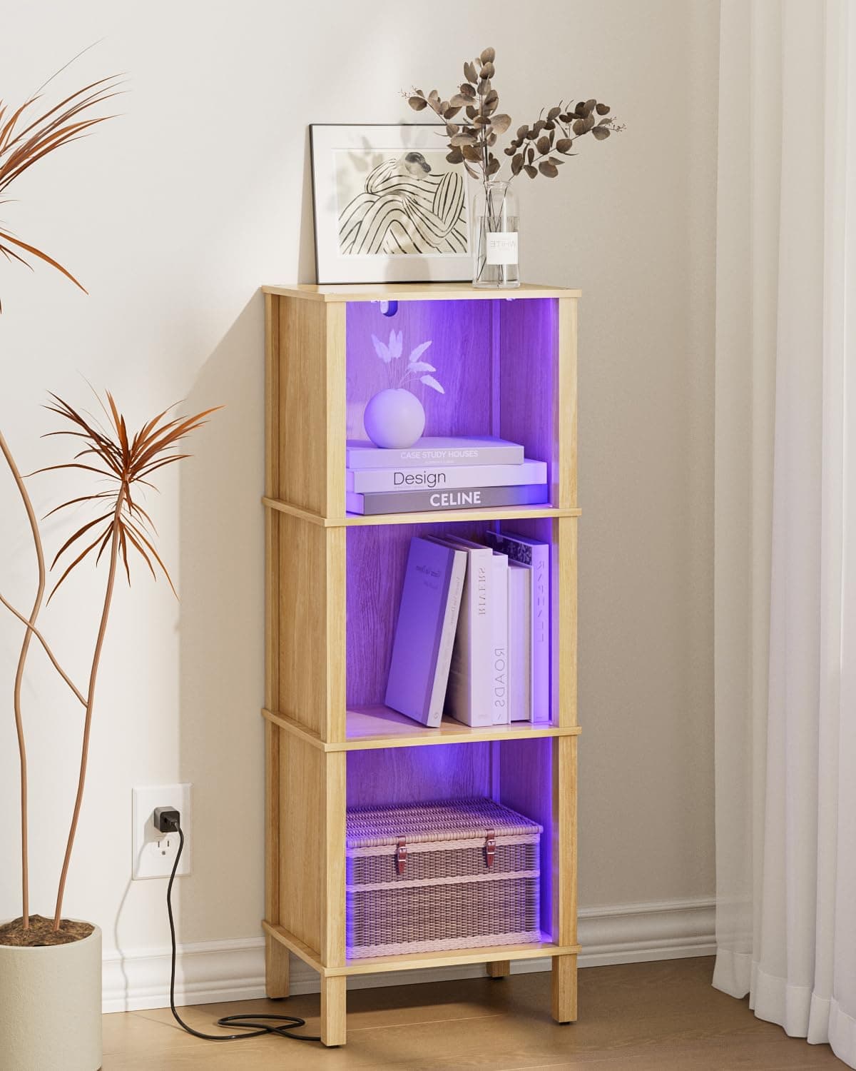 Apetaccat Bookshelf with LED Lights, Modern 3-Tier Bookcase, Open Storage Book Shelf, Small Narrow Bookshelves for Living Room, Home Office, Bedroom, Natural