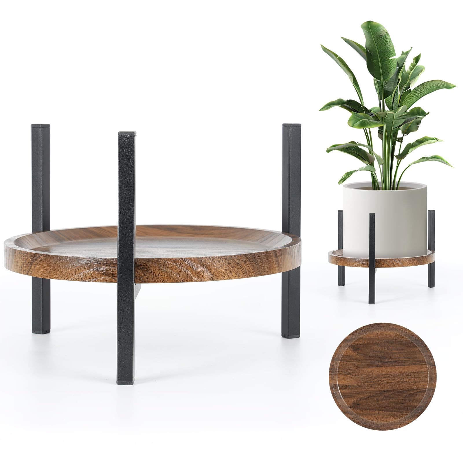 AZADESJET Plant Stand Indoor Adjustable with Walnut Wood Tray, Metal Modern Indoor Plant Stand, Heavy Duty Plant Stands Outdoor Corner, Stable Plant Holder, Fits 8 to 12 Inches Pots, Black, 1 Pack