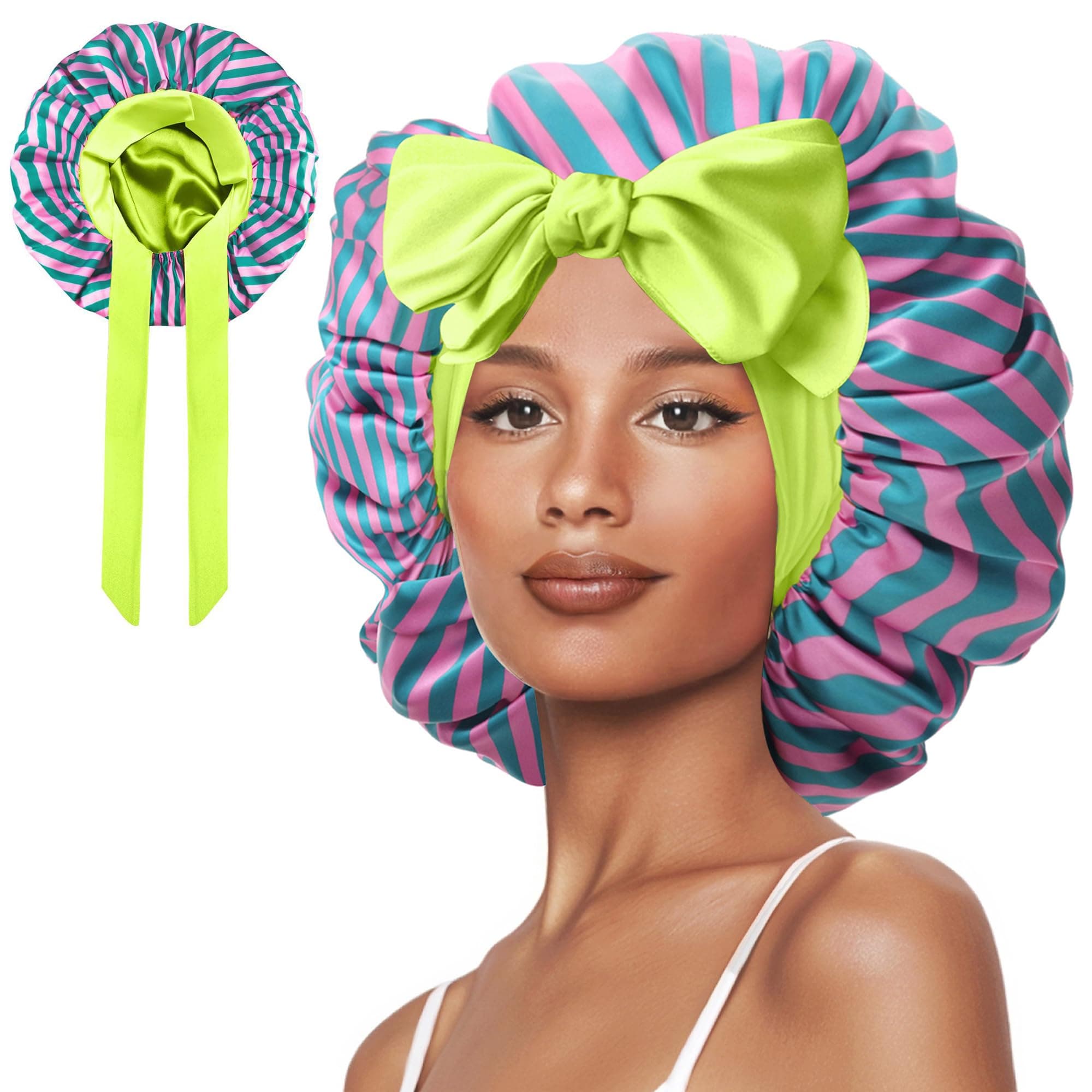 Vettres Double Layer Satin Bonnet with Tie Satin Lined Sleep Cap Hair Cover for Women's Curly Natural Hair, Red Green Stripes, Large