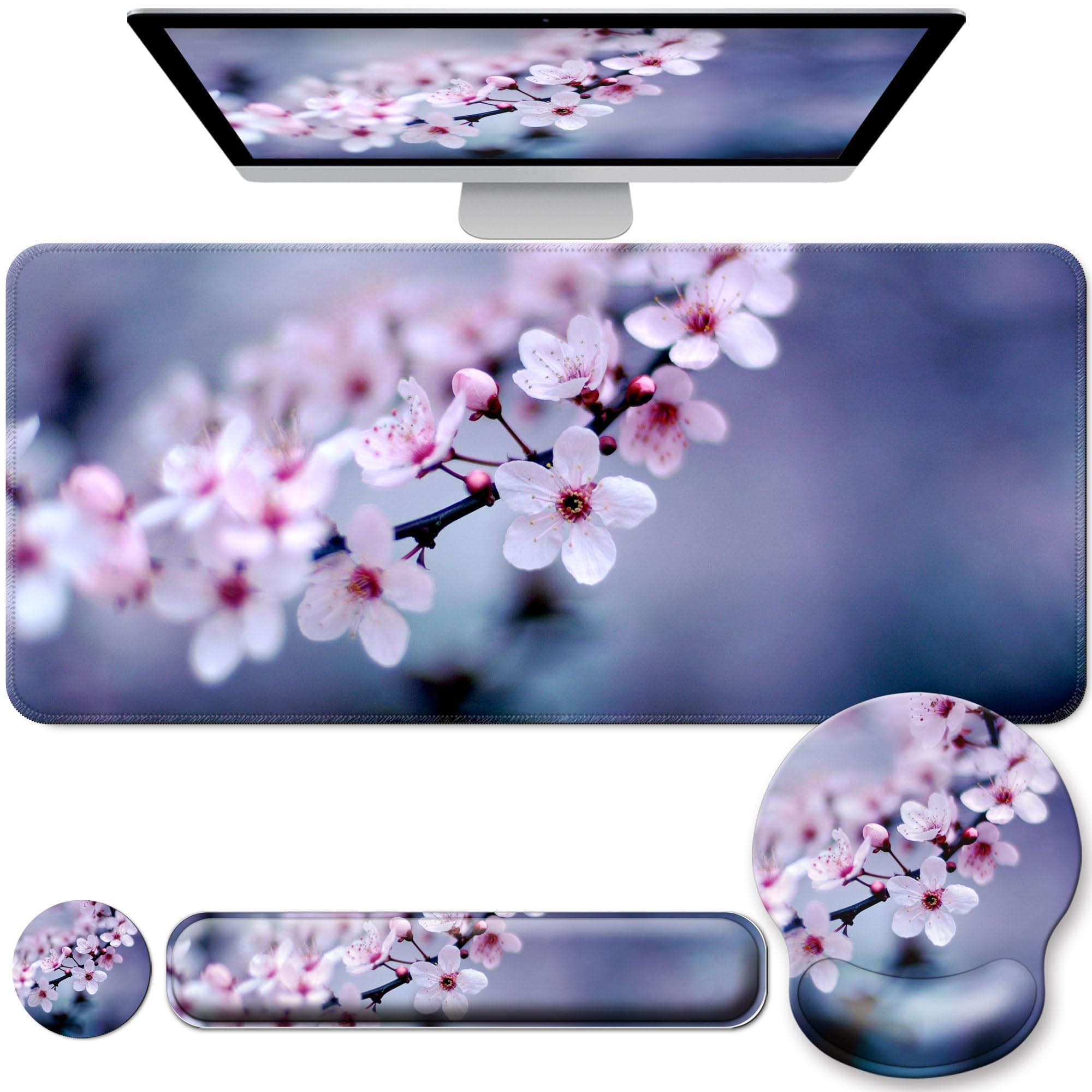 Desk Mat Set + Keyboard and Mouse Pad with Wrist Rest Support,4-in-1 Large Mousepad Computer Mats for Desktop Home & Office-Cherry Bloosom