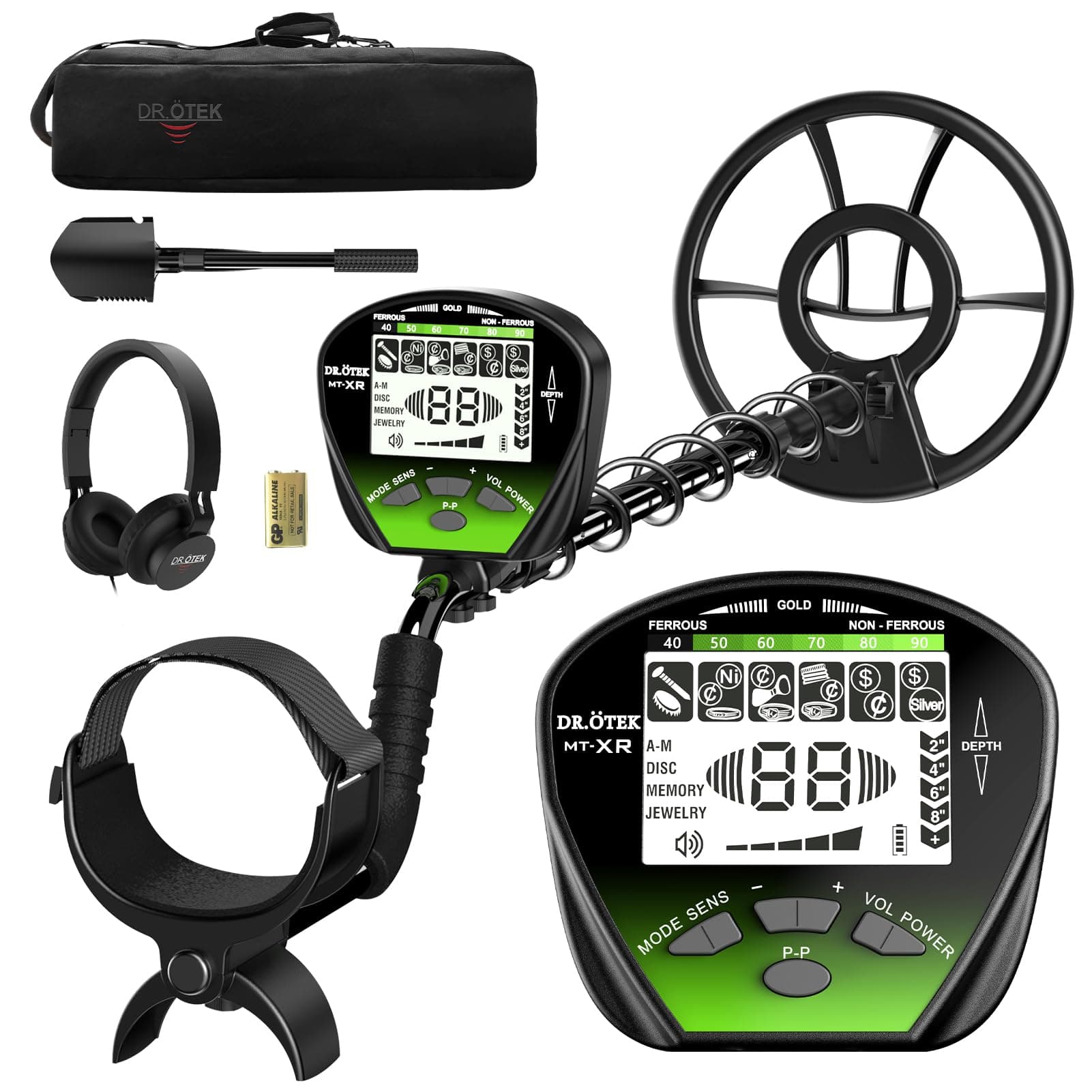 DR.ÖTEK Metal Detector for Adults Professional, Gold Metal Detector, Pinpoint & Exclusive Memory Mode, Higher Accuracy, IP68 Waterproof Coil, Bigger Backlit LCD Display, New Advanced DSP Chip, Green