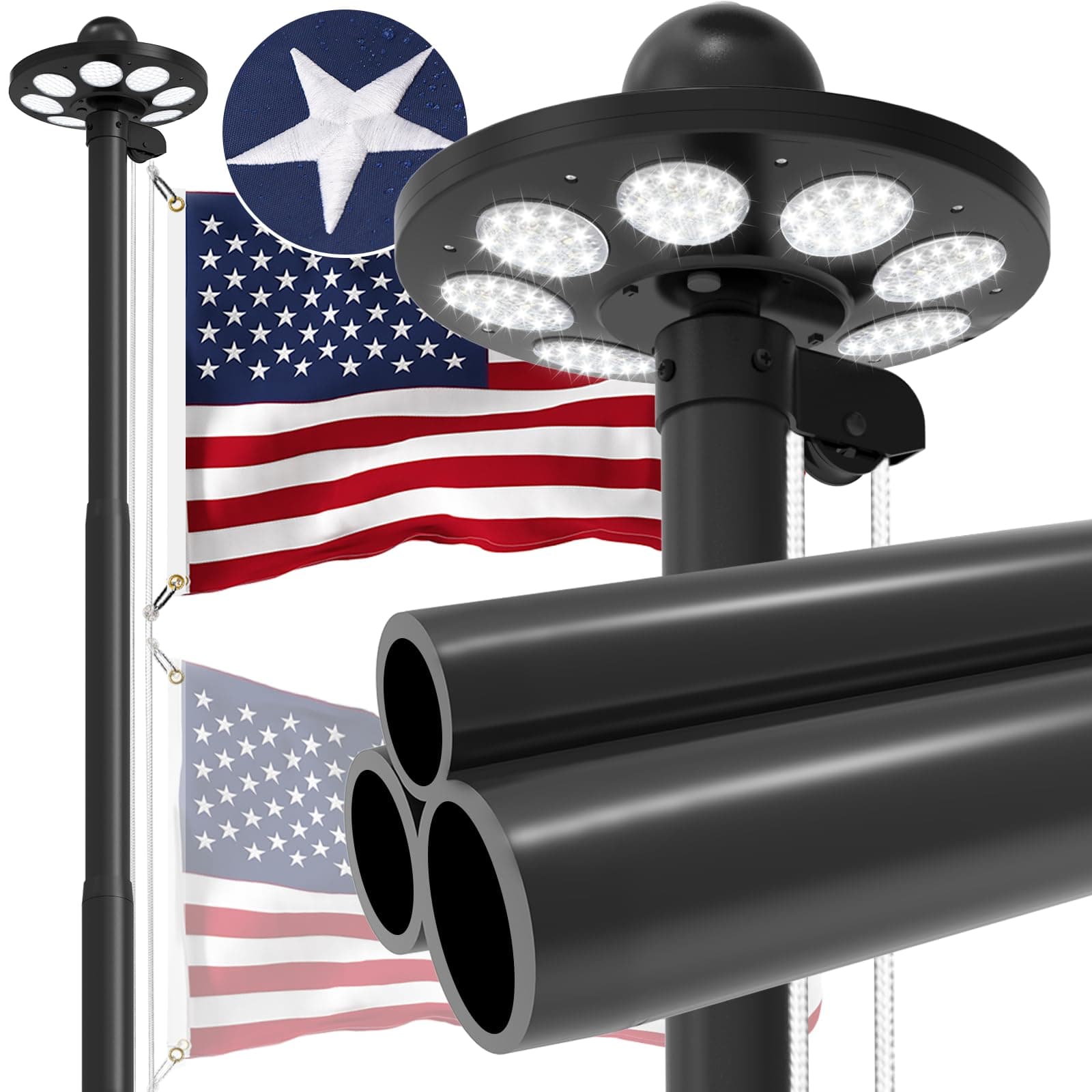 Panopole Upgraded 9 Gauge Heavy Duty Flag Pole Kit with 136 LED Ultra Bright Solar Light, 25FT 120 MPH Flagpole for Outside House in Ground, Bottom 3 mm Thick & 3 in Wide, 300D Thick Flag, Black