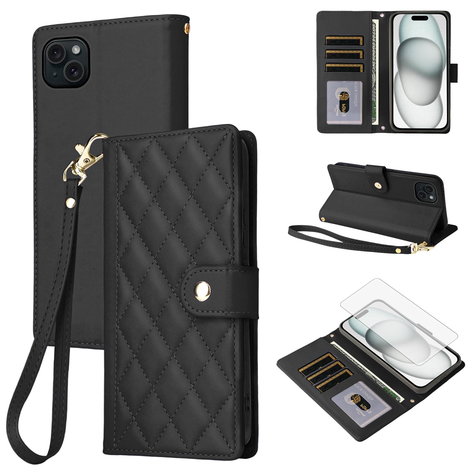 Furiet Argyle Wallet Case for Samsung Galaxy S8 with Crossbody/Wrist Strap Lanyard Luxury PU Leather Zipper Purse Shockproof Card Holder Cell Phone Cover for S 8 8S Edge SM-G950U Women Men Black