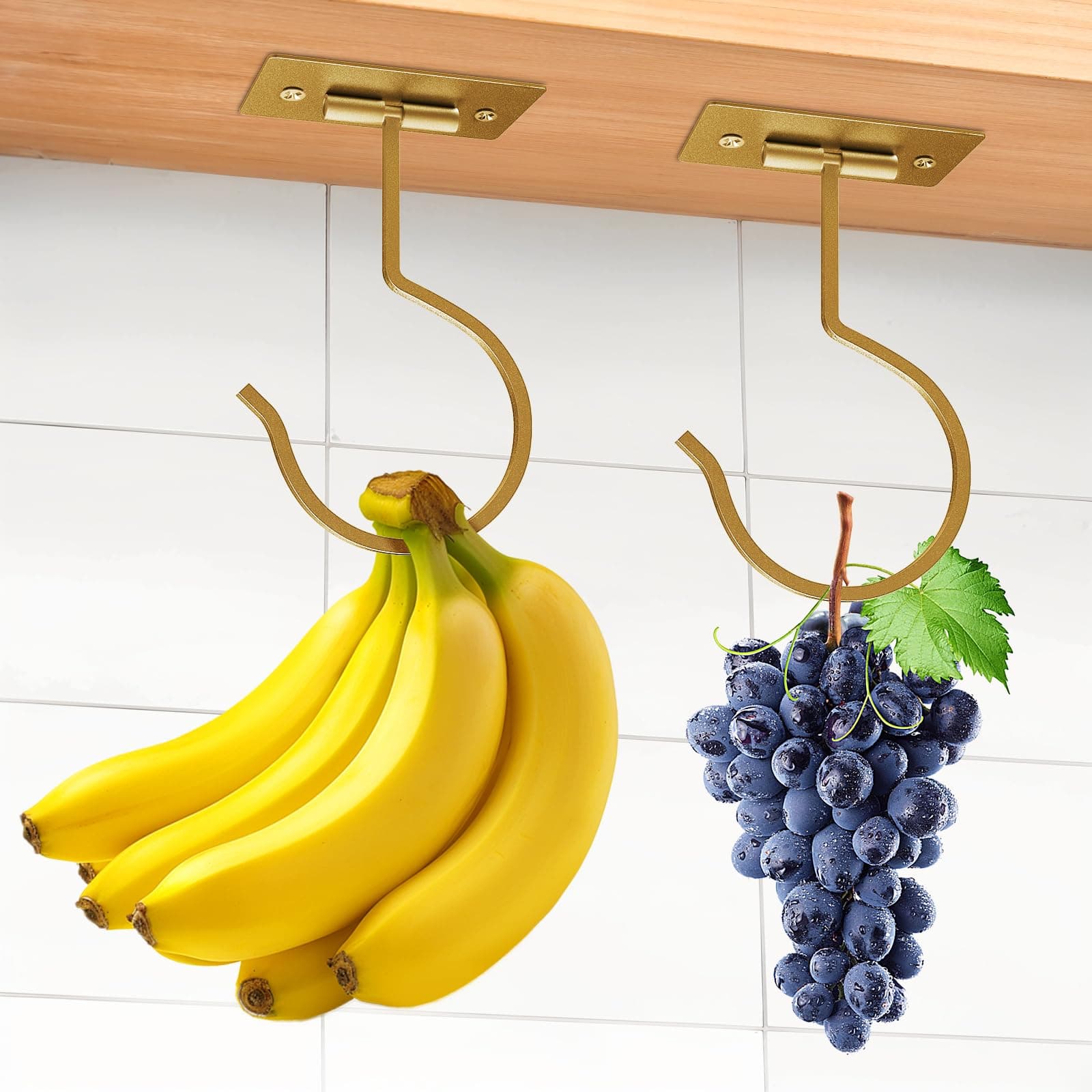 2 Pack Self Adhesive Banana Hook Under Cabinet Foldable Banana Hanger Metal Under Counter Banana Holder for Kitchen RV Space Saving Keep Bananas Fresh,Golden
